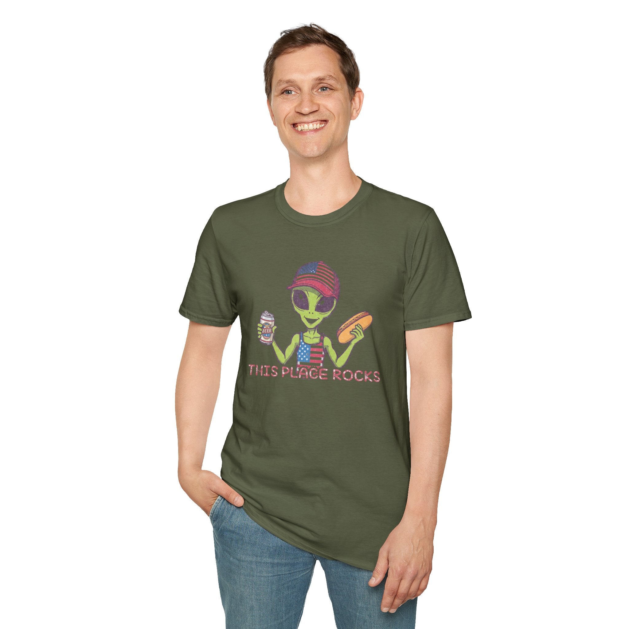 American Alien with Hot Dog and Beer T-Shirt | USA Flag Cap Fourth of July