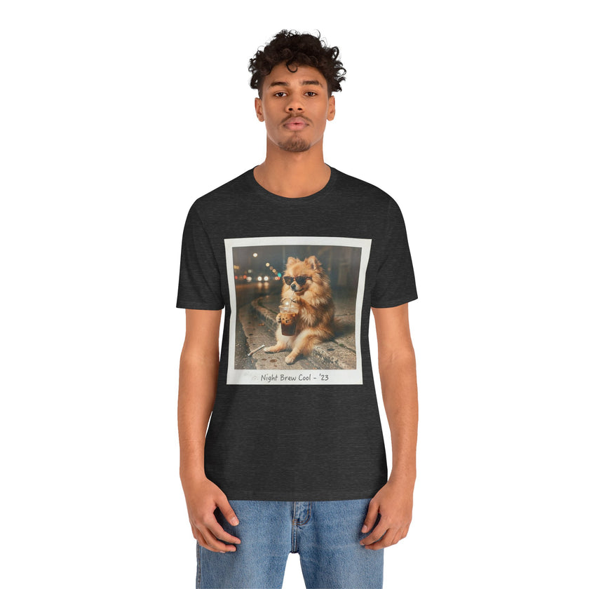 Iced Coffee Night Dog Tee — Late-Night Curb Pomeranian Graphic T-Shirt