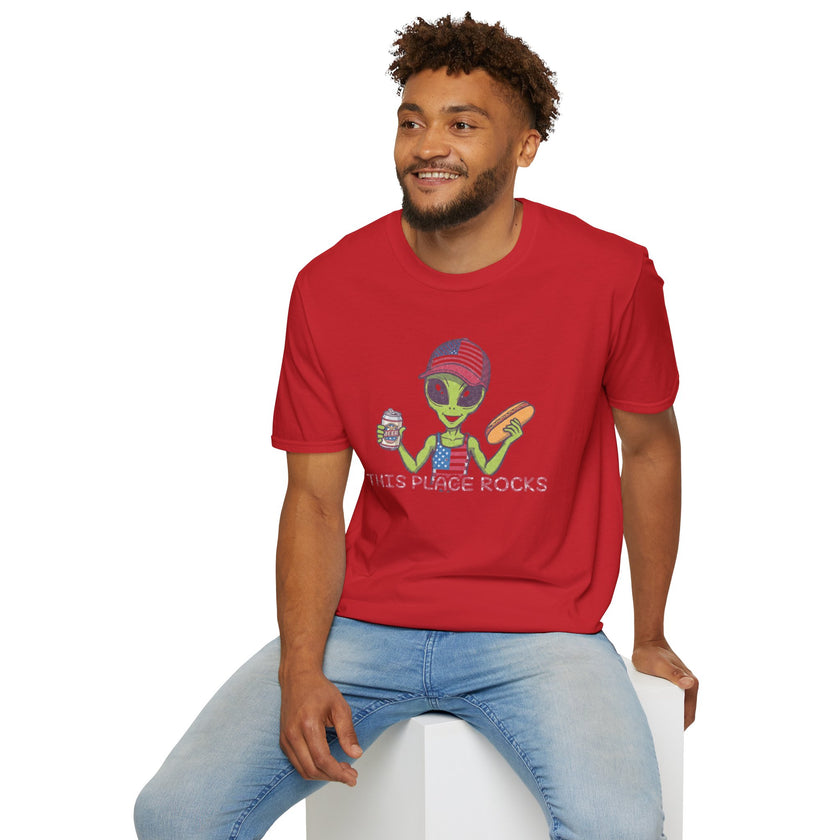 American Alien with Hot Dog and Beer T-Shirt | USA Flag Cap Fourth of July