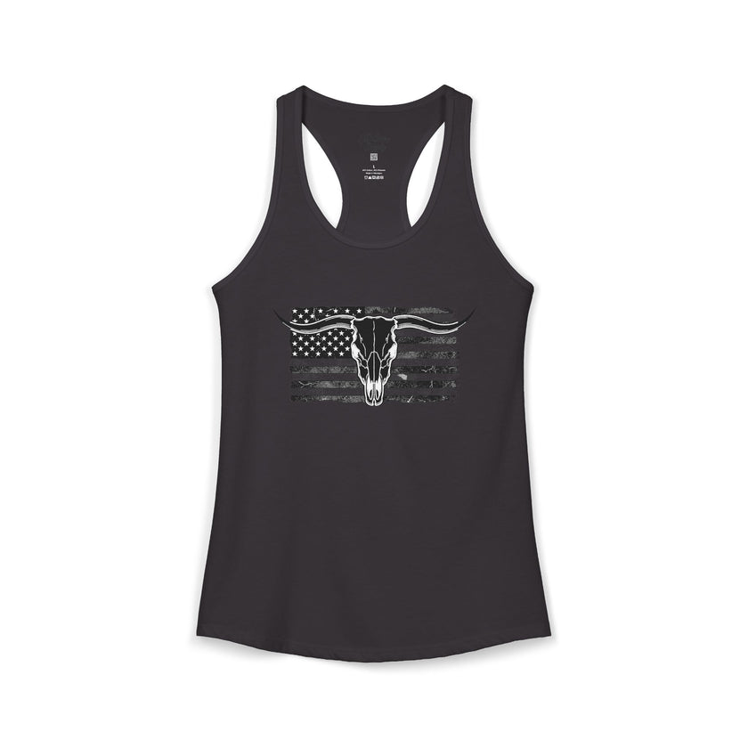 American Flag Longhorn Skull Women's Racerback Tank