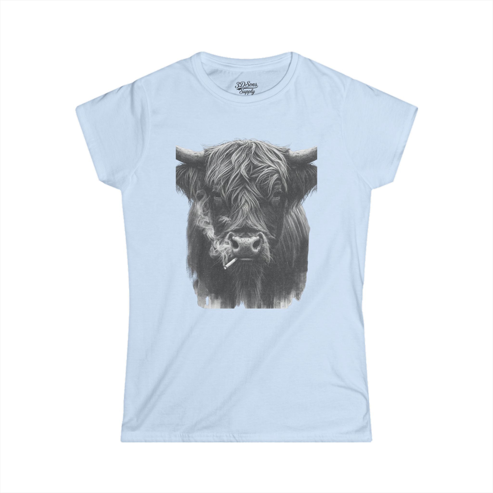 Women’s Softstyle Tee — Highland Cow Smoking Graphic