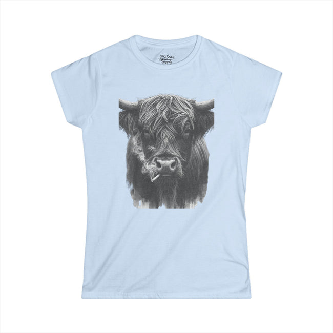 Women’s Softstyle Tee — Highland Cow Smoking Graphic