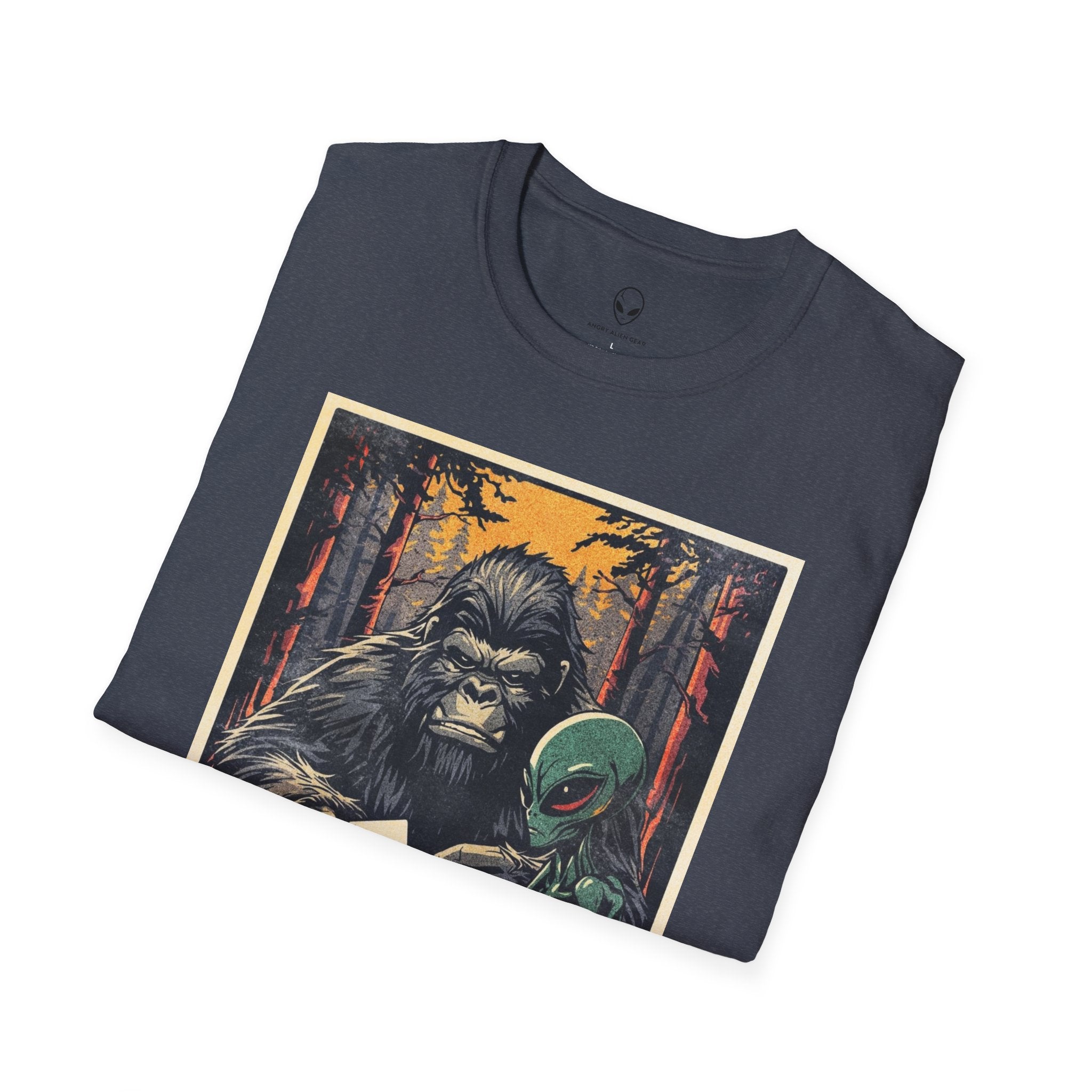 Bigfoot & Alien Playing Poker T-Shirt — Funny Cryptid Woods Tee