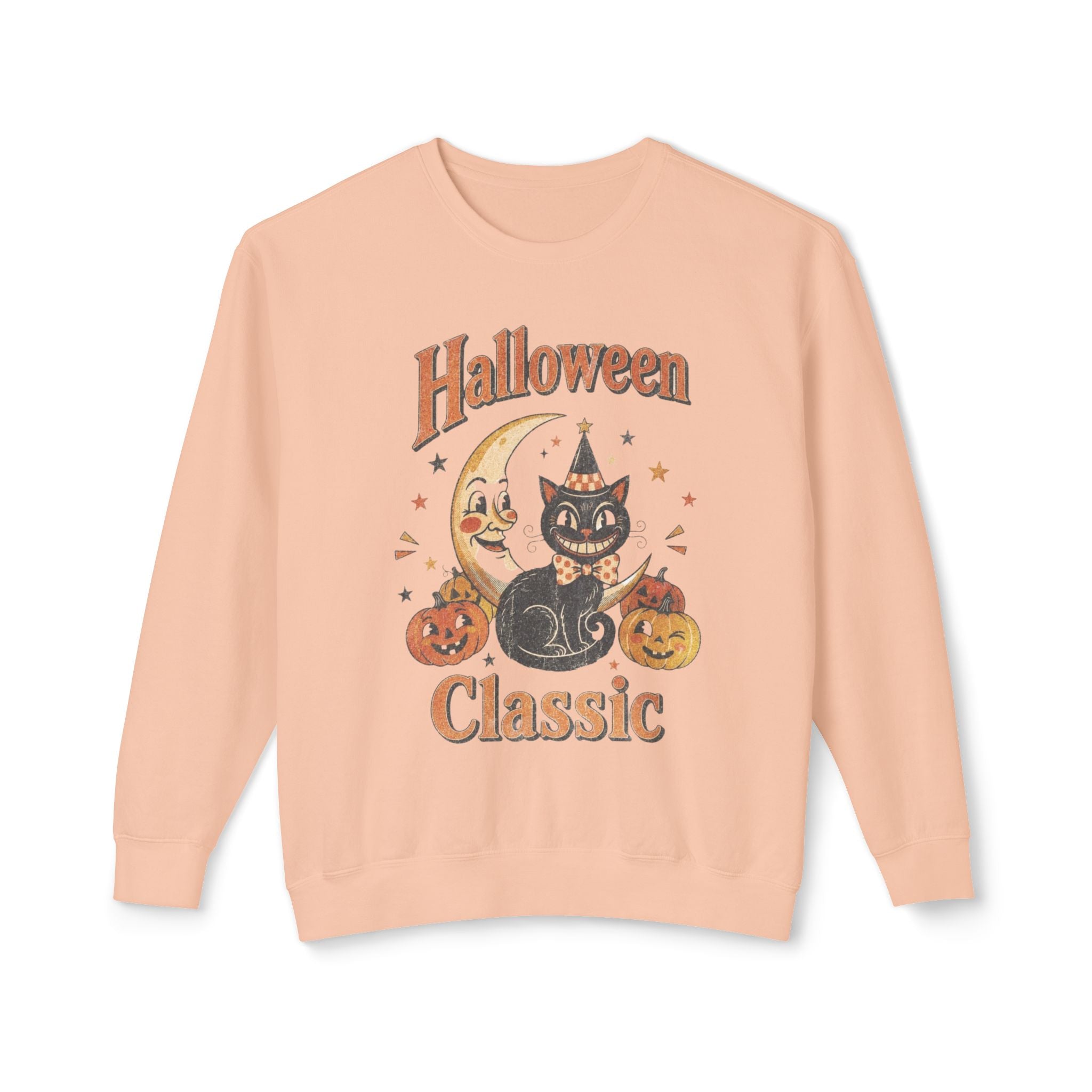 Vintage Halloween Cat Crewneck Sweatshirt | Retro Moon, Pumpkins, Witch Hat