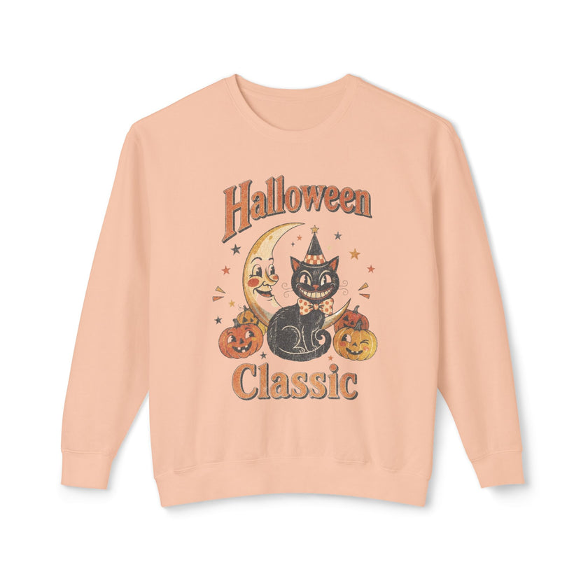 Vintage Halloween Cat Crewneck Sweatshirt | Retro Moon, Pumpkins, Witch Hat