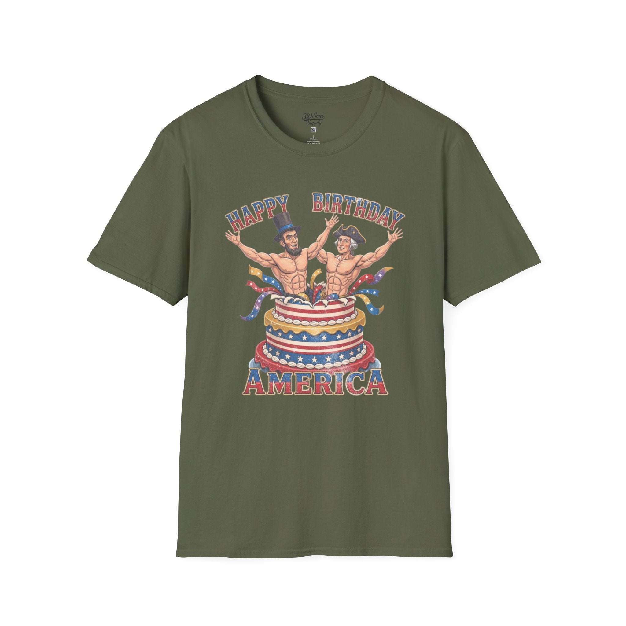 Buff Abraham Lincoln and George Washington Jumping Out of Birthday Cake T-Shirt | 4th of July Patriotic
