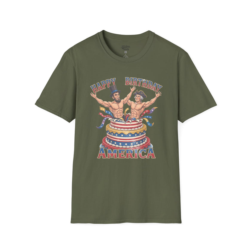 Buff Abraham Lincoln and George Washington Jumping Out of Birthday Cake T-Shirt | 4th of July Patriotic