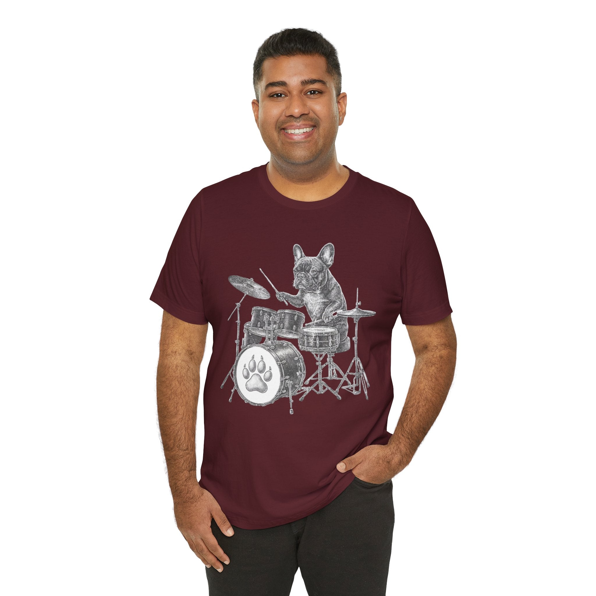 Drumming French Bulldog T-Shirt — Cute Dog Playing Drum Graphic Tee