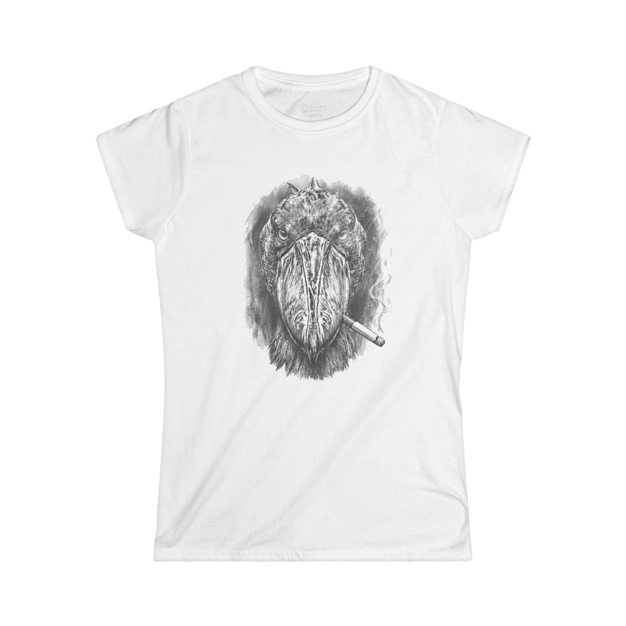 Shoebill Stork Portrait Retro Smoking Graphic Tee — Women's Softstyle T‑Shirt