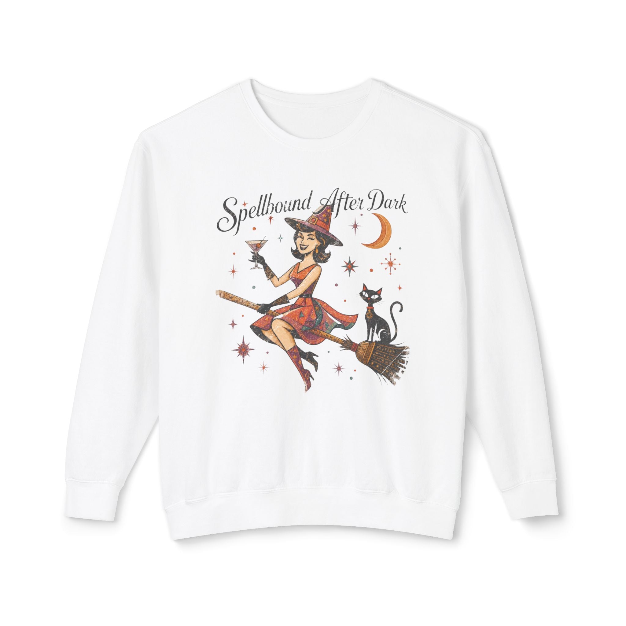 Spellbound After Dark Witch on Broom Sweatshirt | Halloween Cat Moon