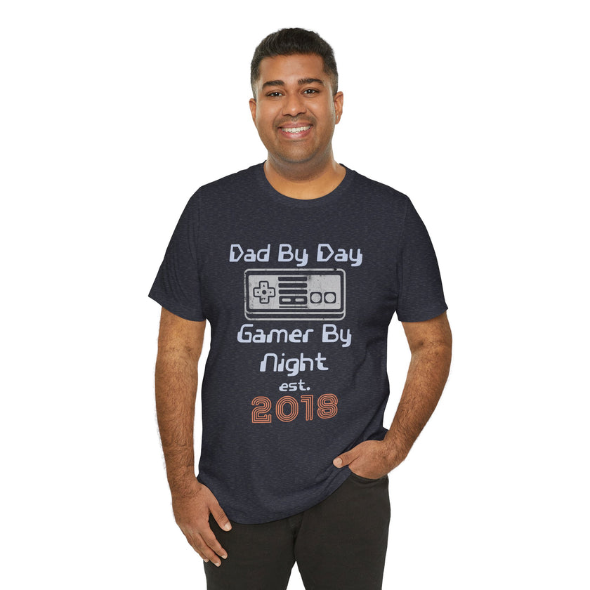 Personalized Dad By Day Gamer By Night T-Shirt — Established 2018 Retro Controller Tee
