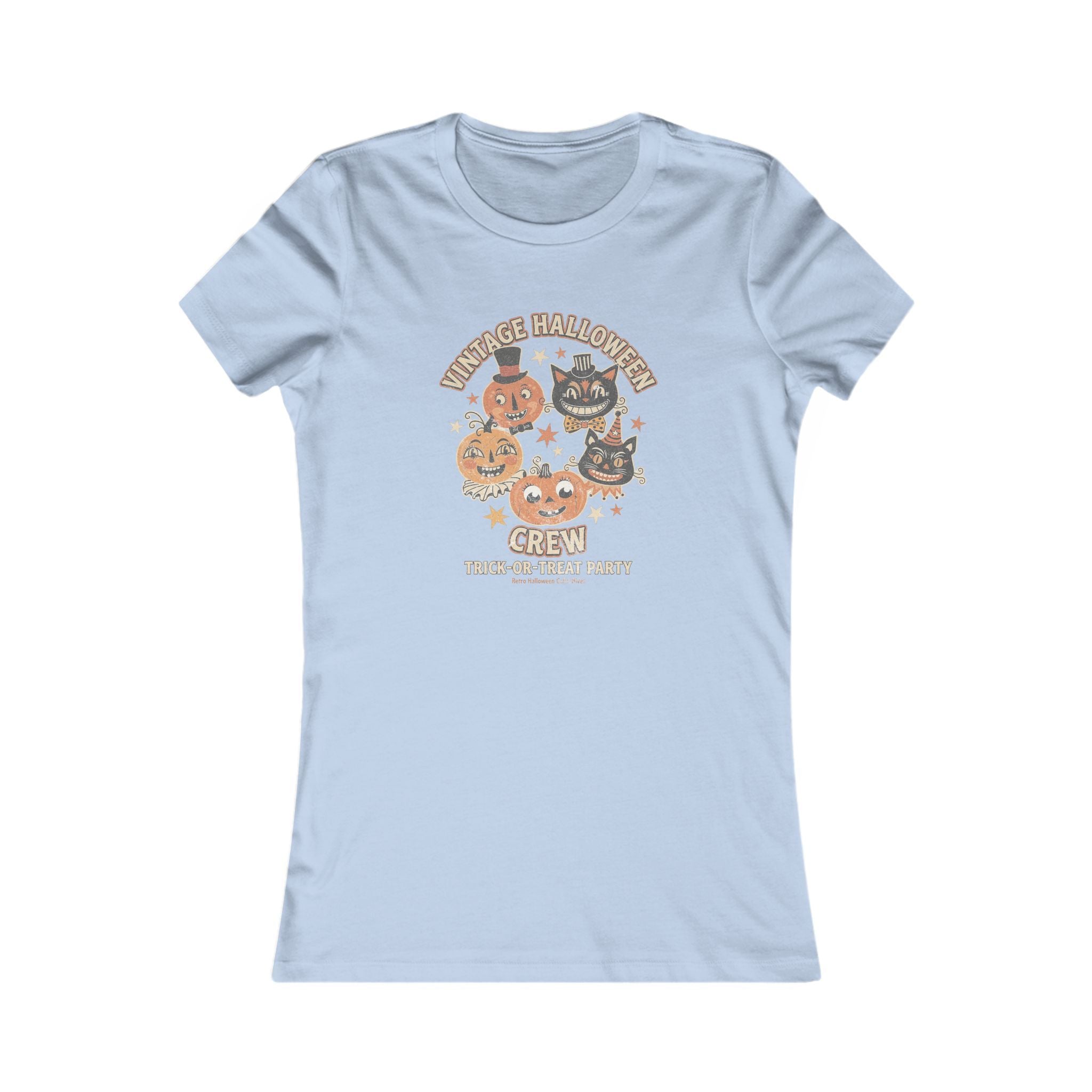 Women's Vintage Halloween Tee - 'Vintage Halloween Crew' Cute Pumpkin & Cat Graphic