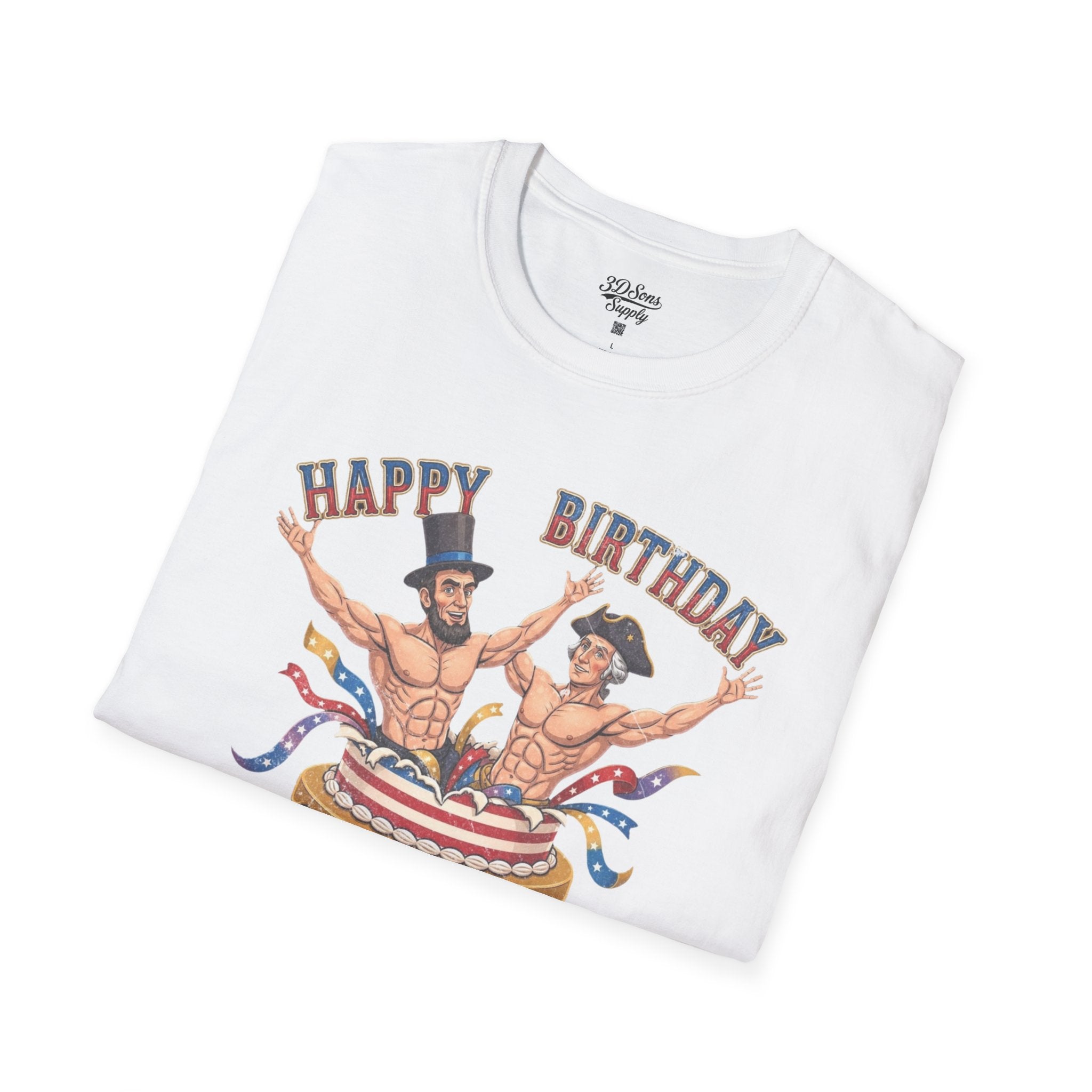 Buff Abraham Lincoln and George Washington Jumping Out of Birthday Cake T-Shirt | 4th of July Patriotic