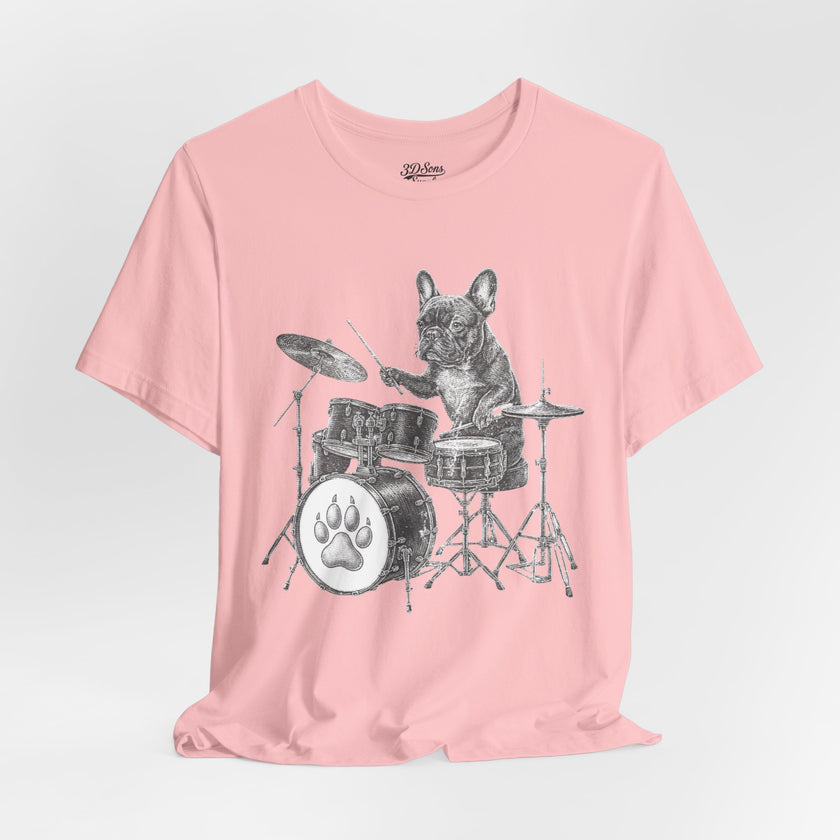 Drumming French Bulldog T-Shirt — Cute Dog Playing Drum Graphic Tee
