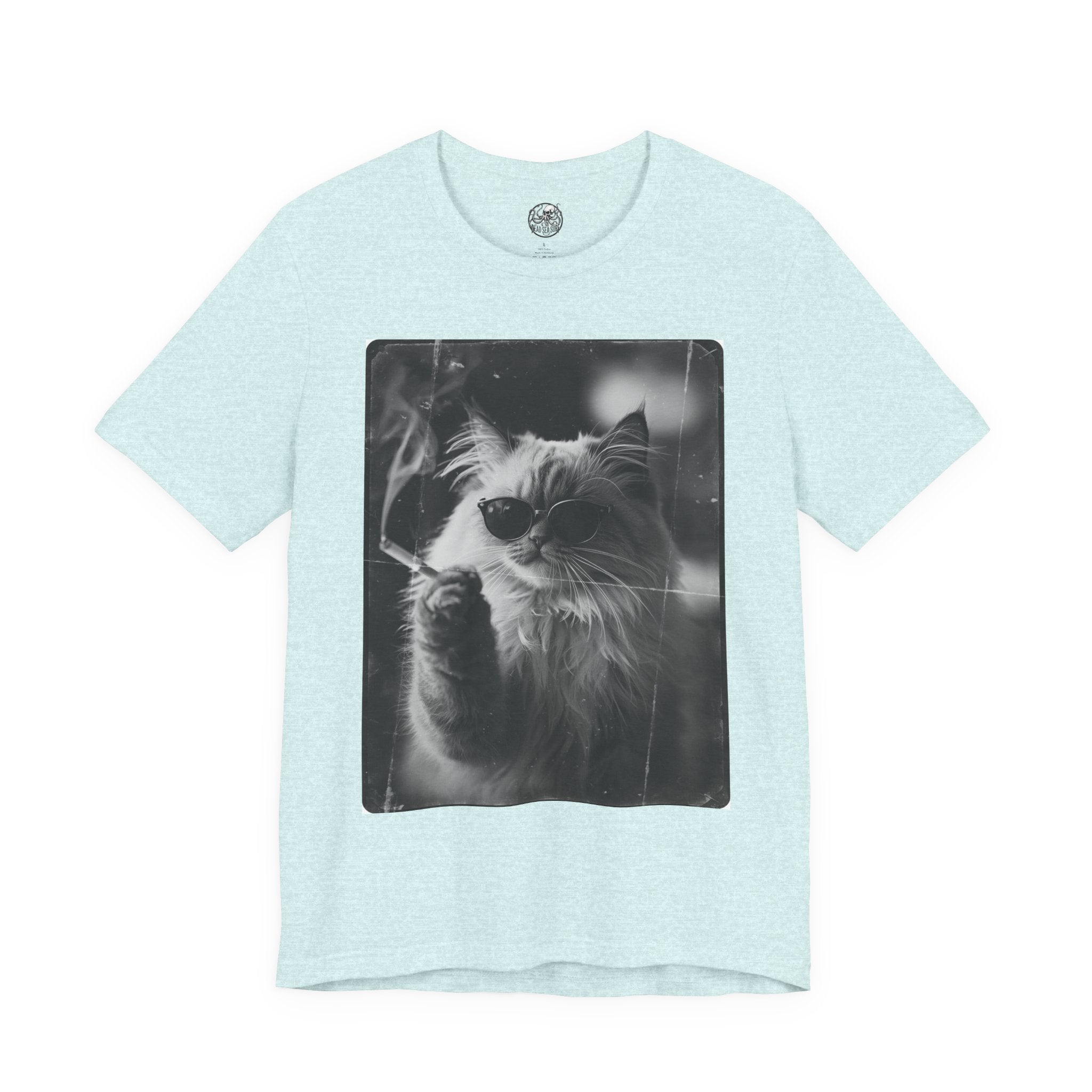 Smoking Cool Cat Portrait T-Shirt | Black & White Photo Cat Tee