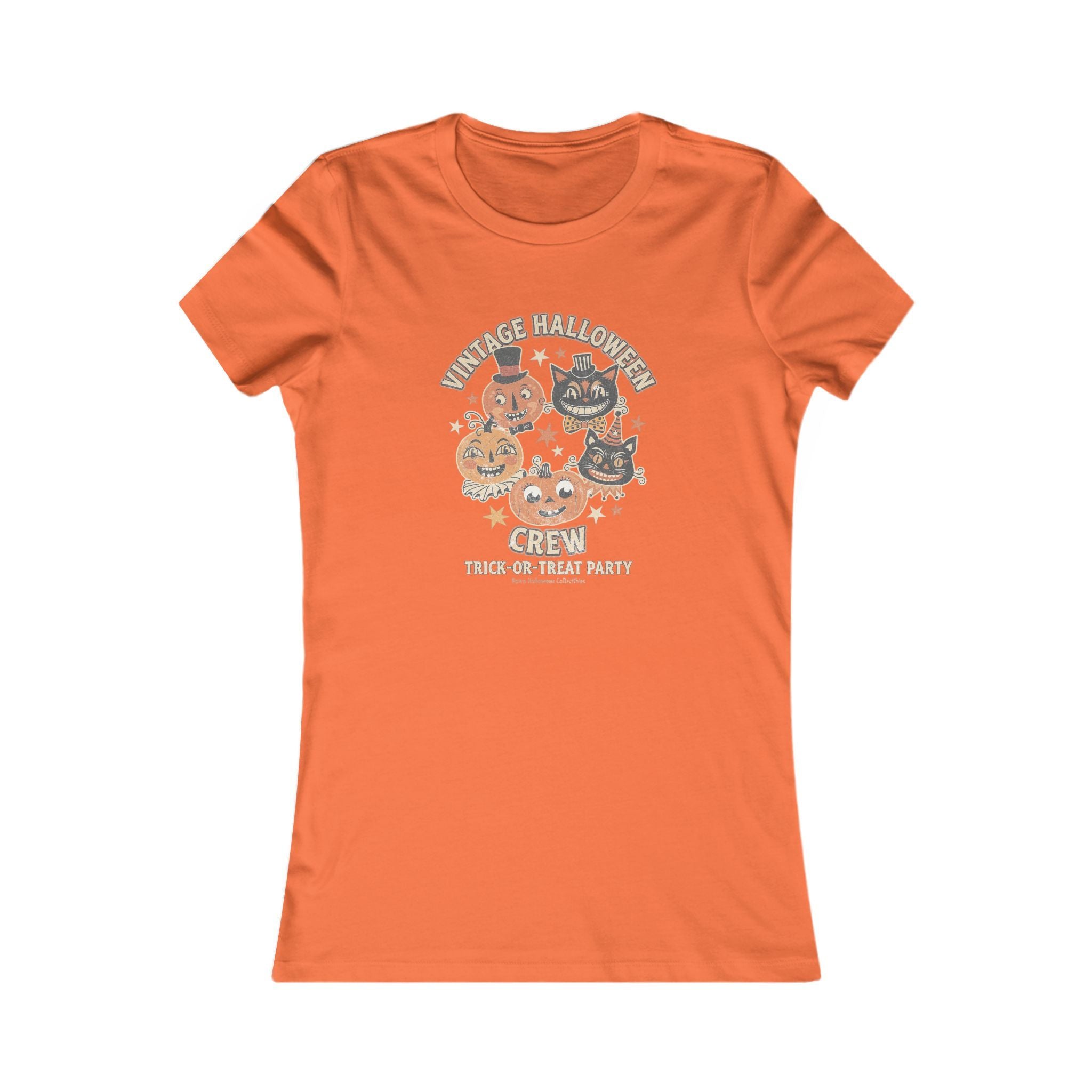 Women's Vintage Halloween Tee - 'Vintage Halloween Crew' Cute Pumpkin & Cat Graphic