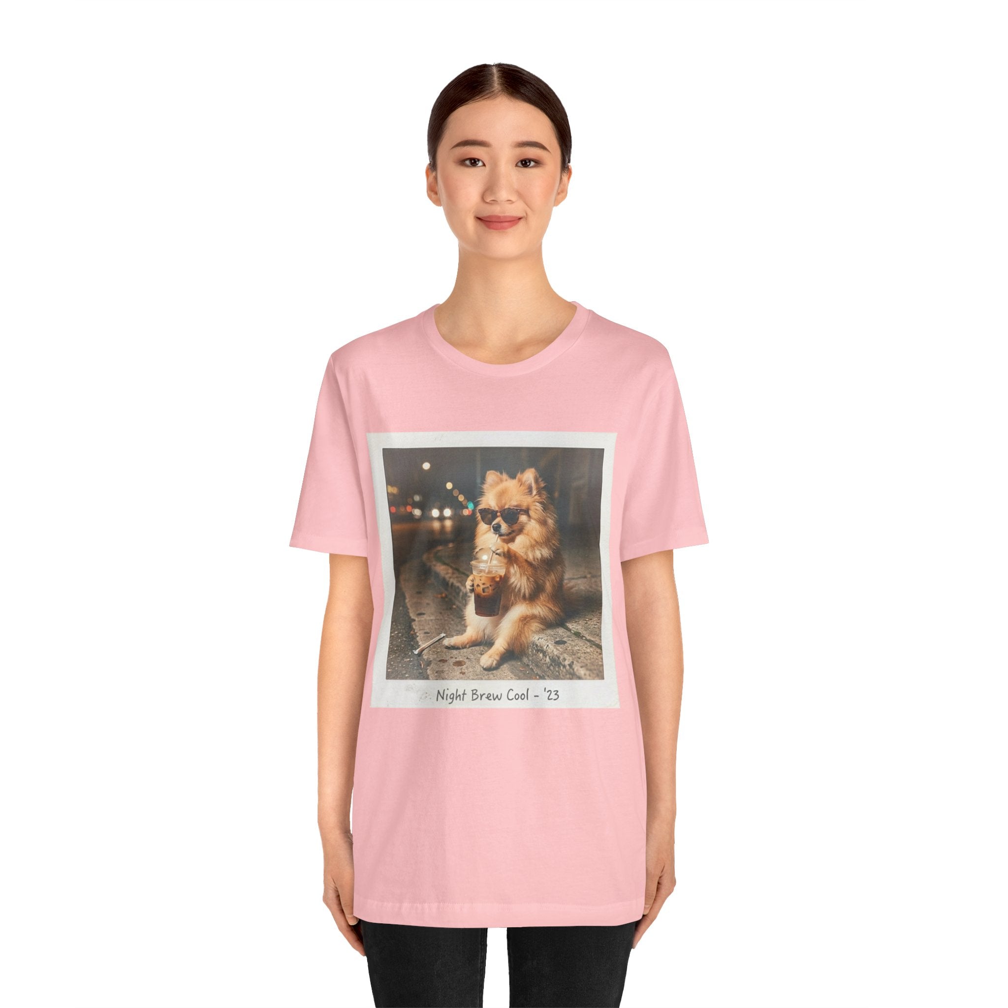 Iced Coffee Night Dog Tee — Late-Night Curb Pomeranian Graphic T-Shirt