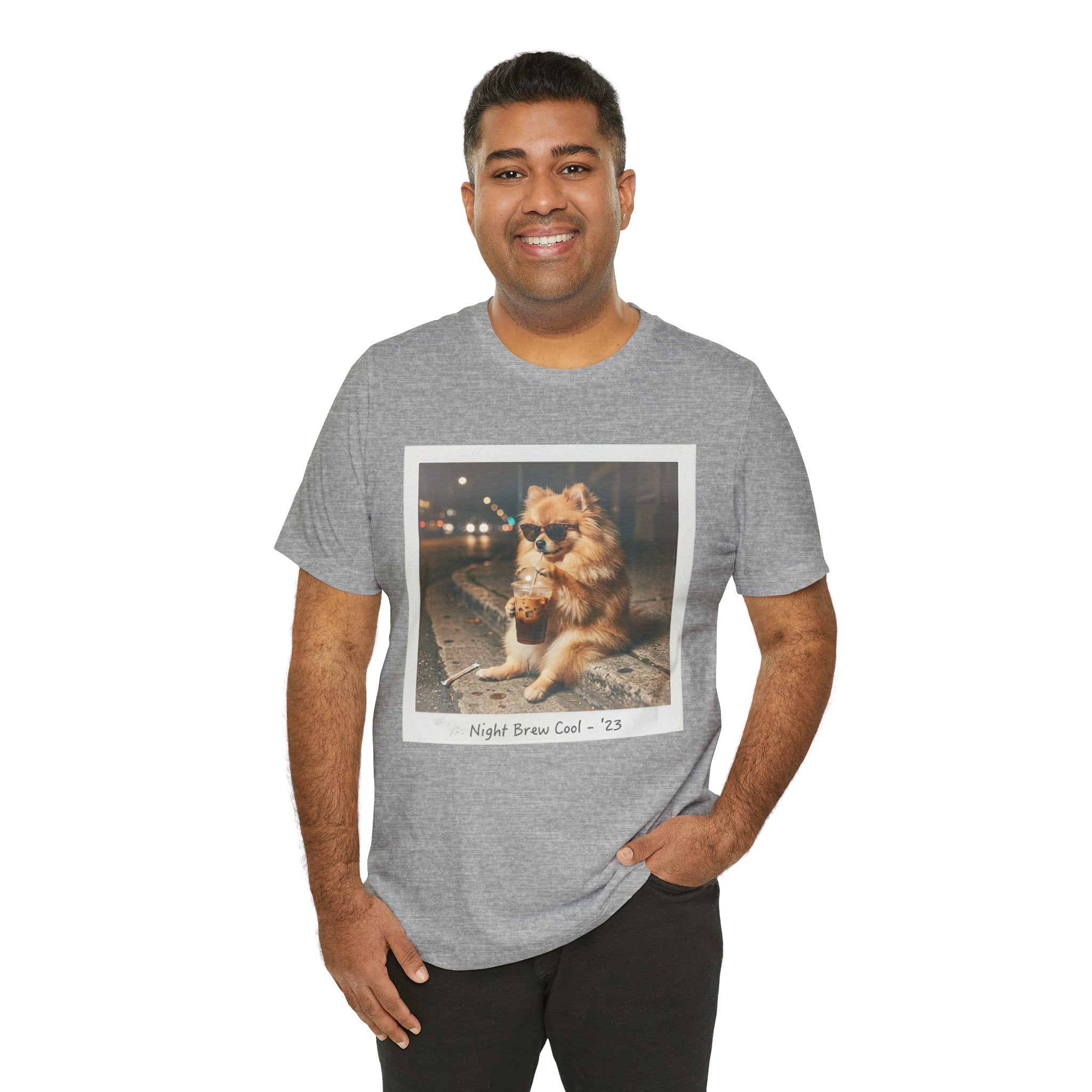 Iced Coffee Night Dog Tee — Late-Night Curb Pomeranian Graphic T-Shirt
