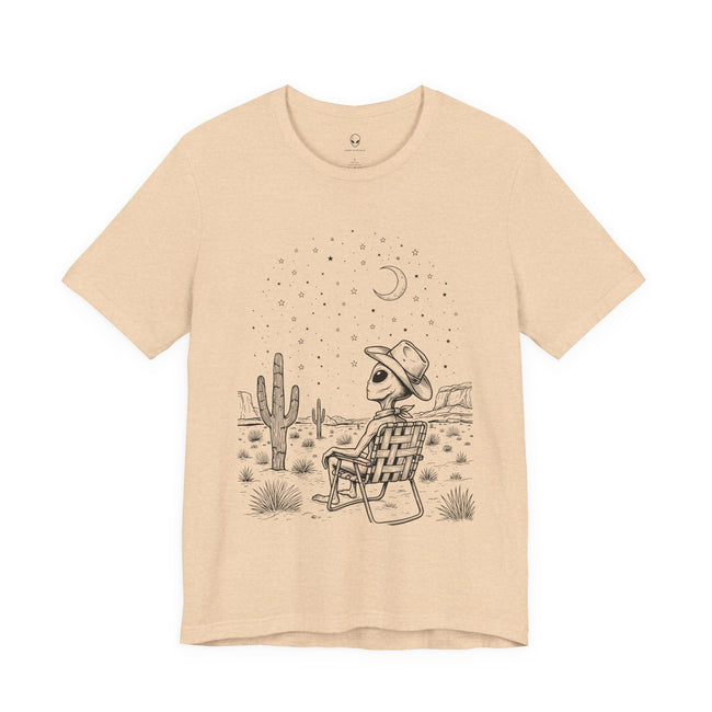 Alien Cowboy Sitting in Desert Tee | Night Sky Lawn Chair