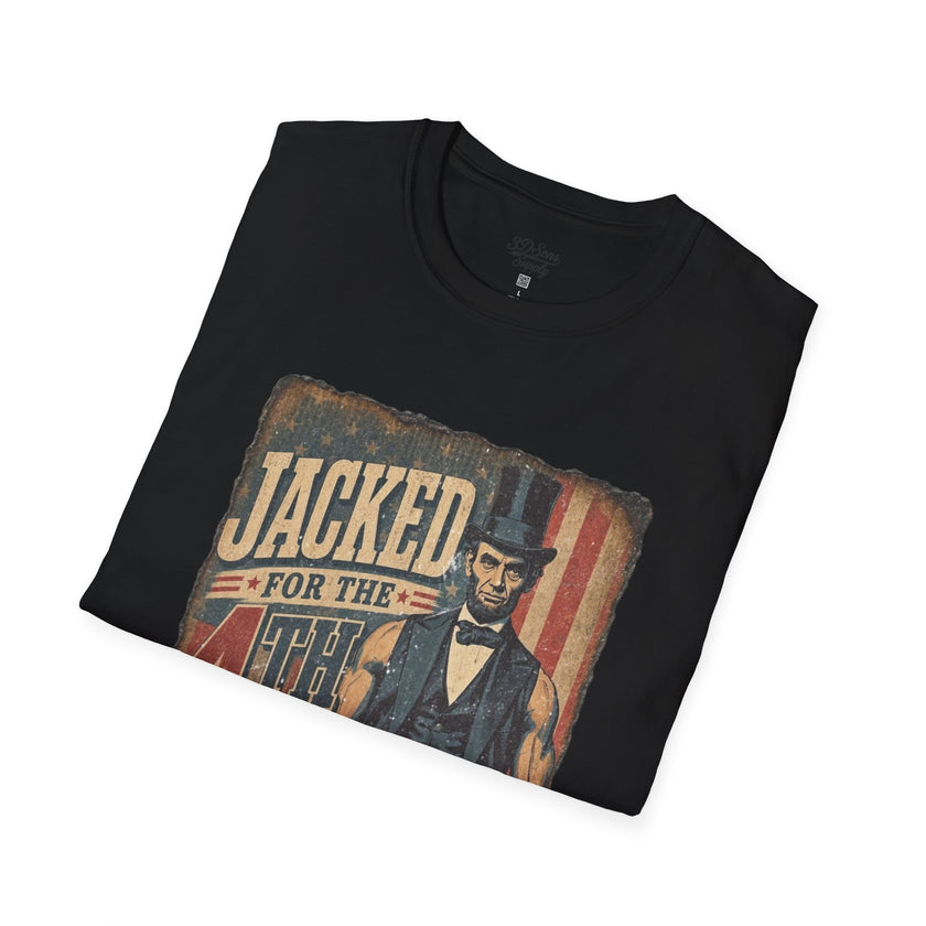 Jacked for July 4th T-Shirt | Patriotic Buff Abraham Lincoln Flag Design