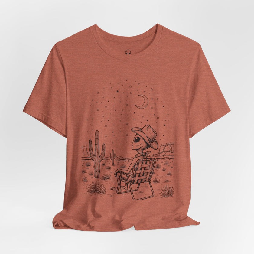 Alien Cowboy Sitting in Desert Tee | Night Sky Lawn Chair