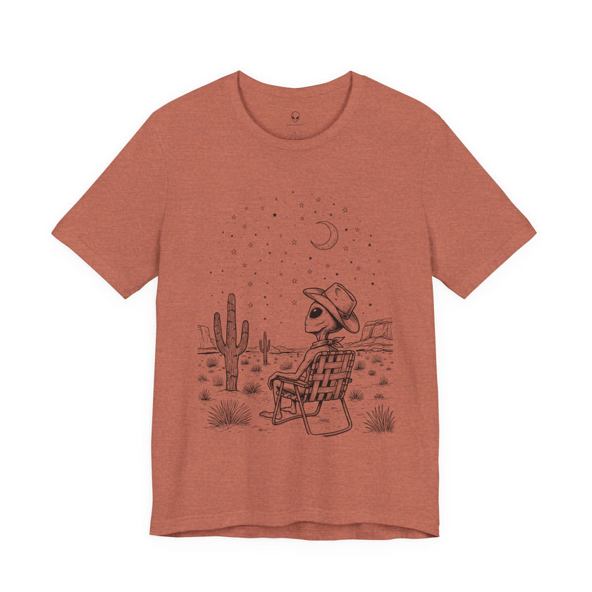 Alien Cowboy Sitting in Desert Tee | Night Sky Lawn Chair