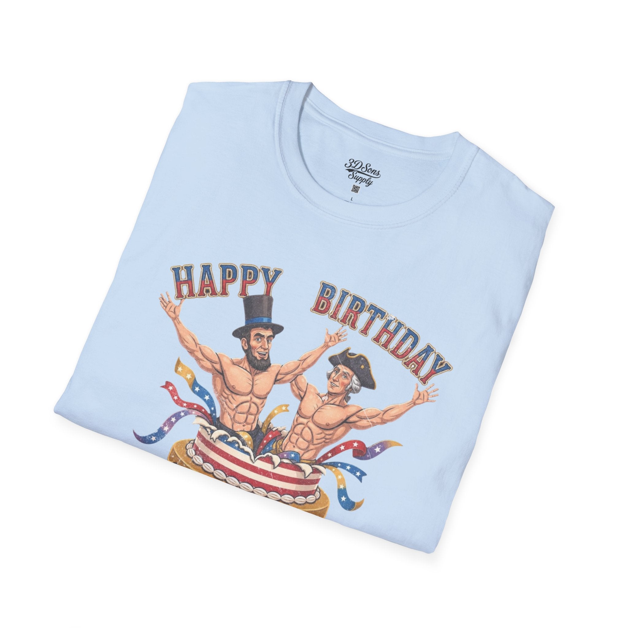 Buff Abraham Lincoln and George Washington Jumping Out of Birthday Cake T-Shirt | 4th of July Patriotic