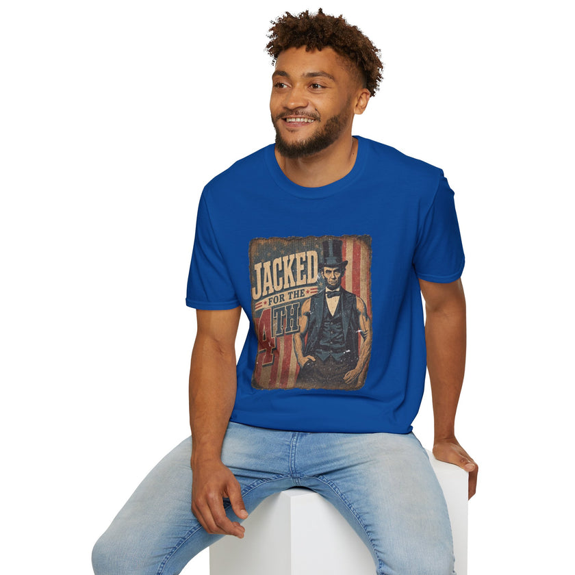 Jacked for July 4th T-Shirt | Patriotic Buff Abraham Lincoln Flag Design