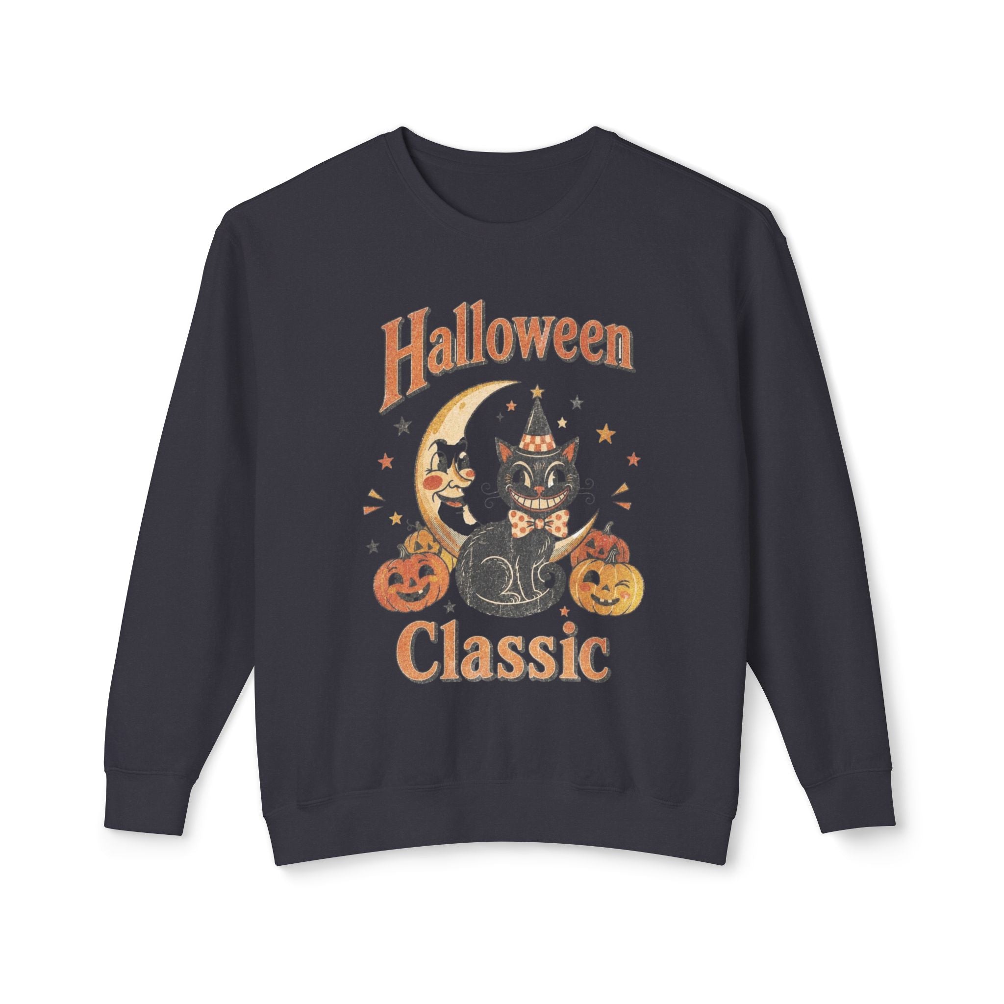 Vintage Halloween Cat Crewneck Sweatshirt | Retro Moon, Pumpkins, Witch Hat