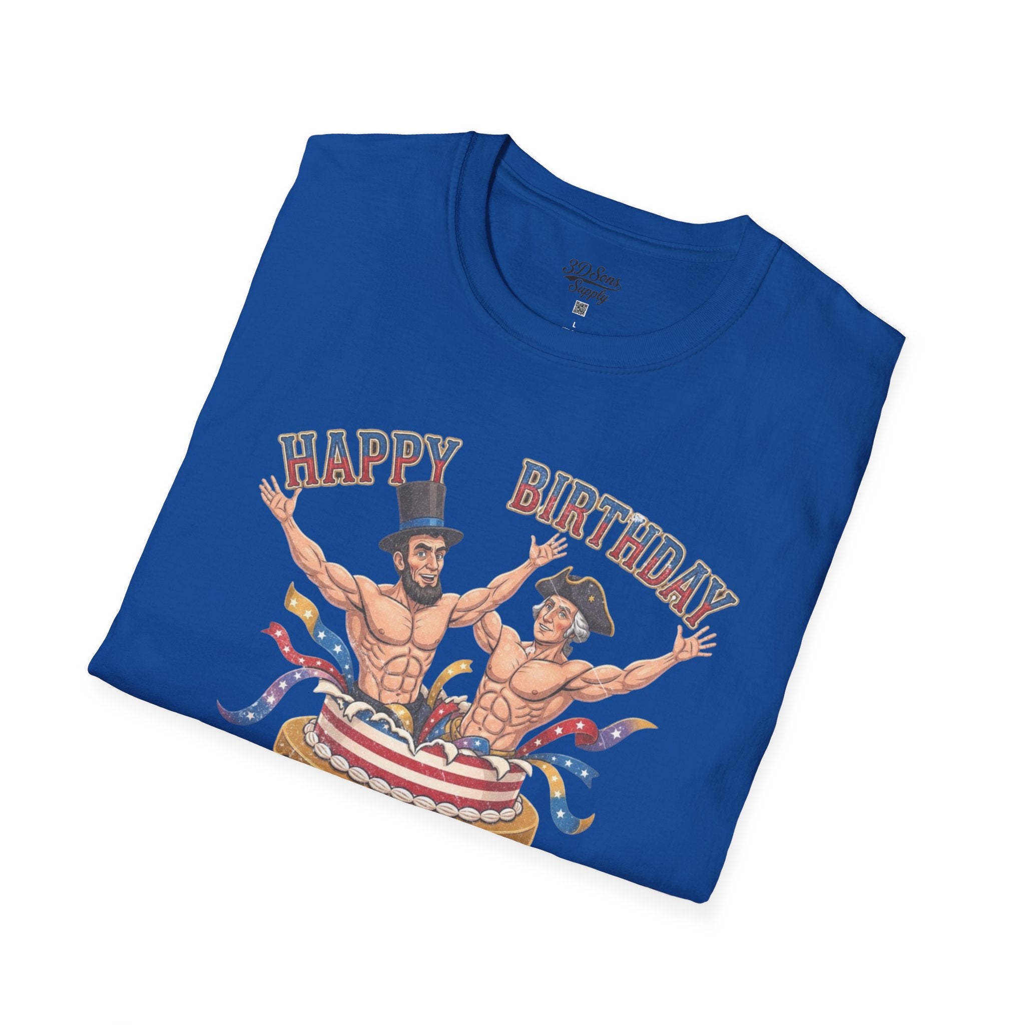 Buff Abraham Lincoln and George Washington Jumping Out of Birthday Cake T-Shirt | 4th of July Patriotic