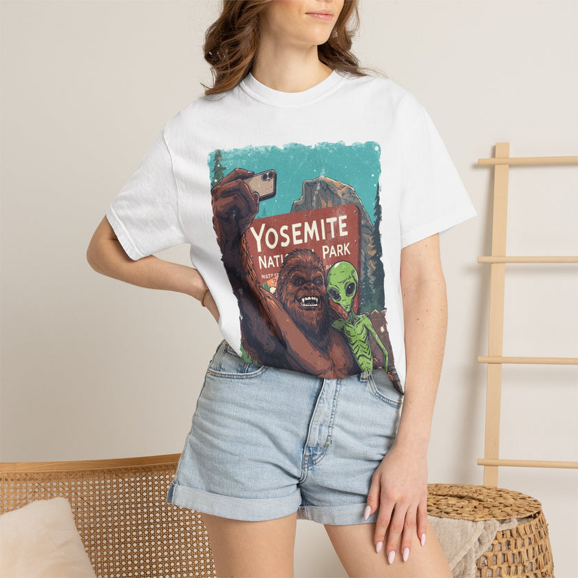 Alien & Bigfoot Yosemite T-Shirt — Camping Adventure Graphic Tee
