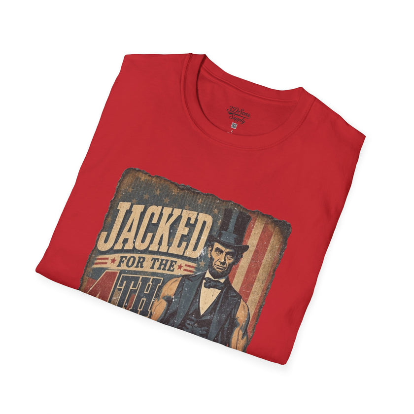 Jacked for July 4th T-Shirt | Patriotic Buff Abraham Lincoln Flag Design