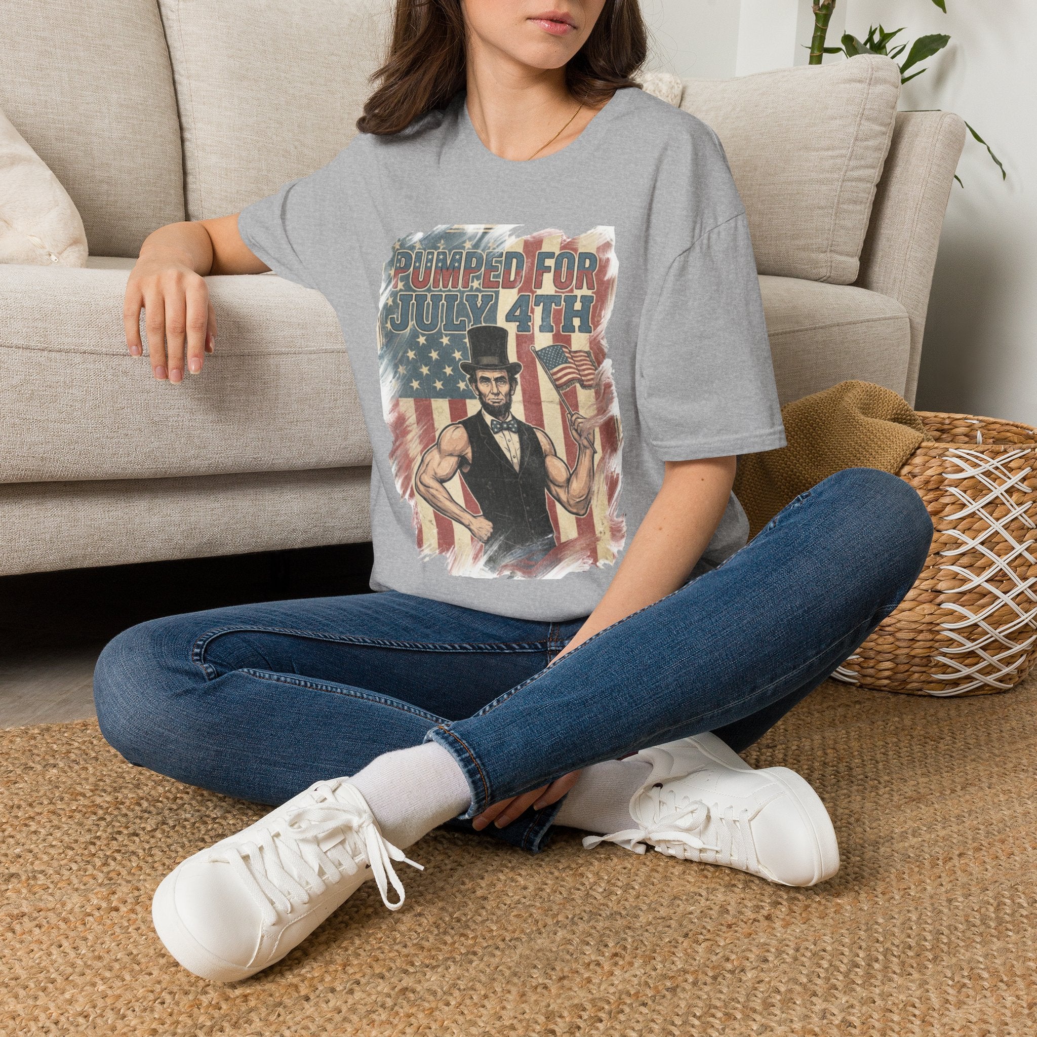 Pumped for July 4th T-Shirt | Patriotic Buff Abraham Lincoln Flag Design
