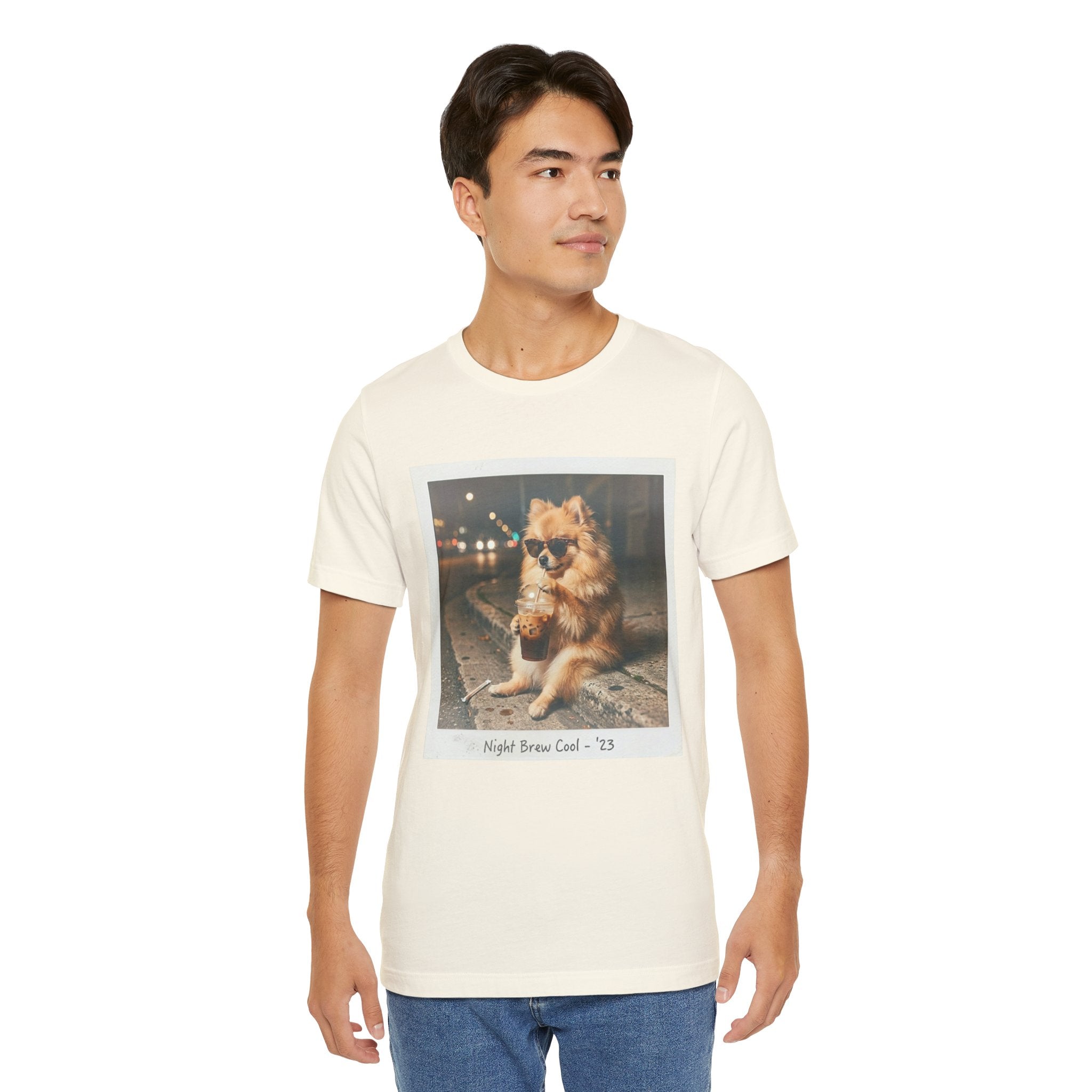 Iced Coffee Night Dog Tee — Late-Night Curb Pomeranian Graphic T-Shirt