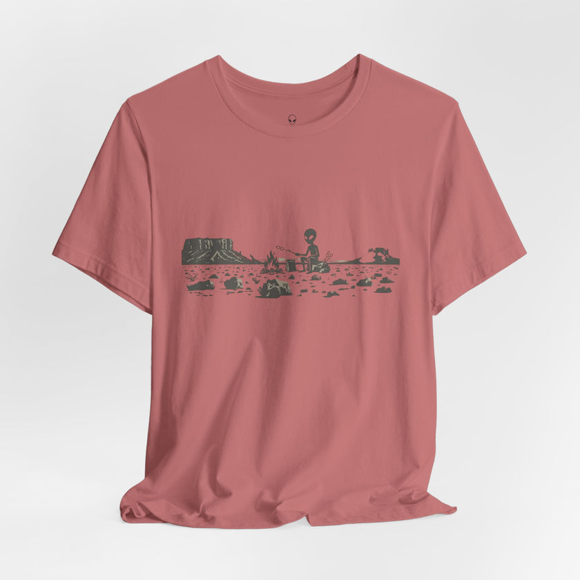 Alien Spaceship Campfire Illustration, Minimalist Landscape
