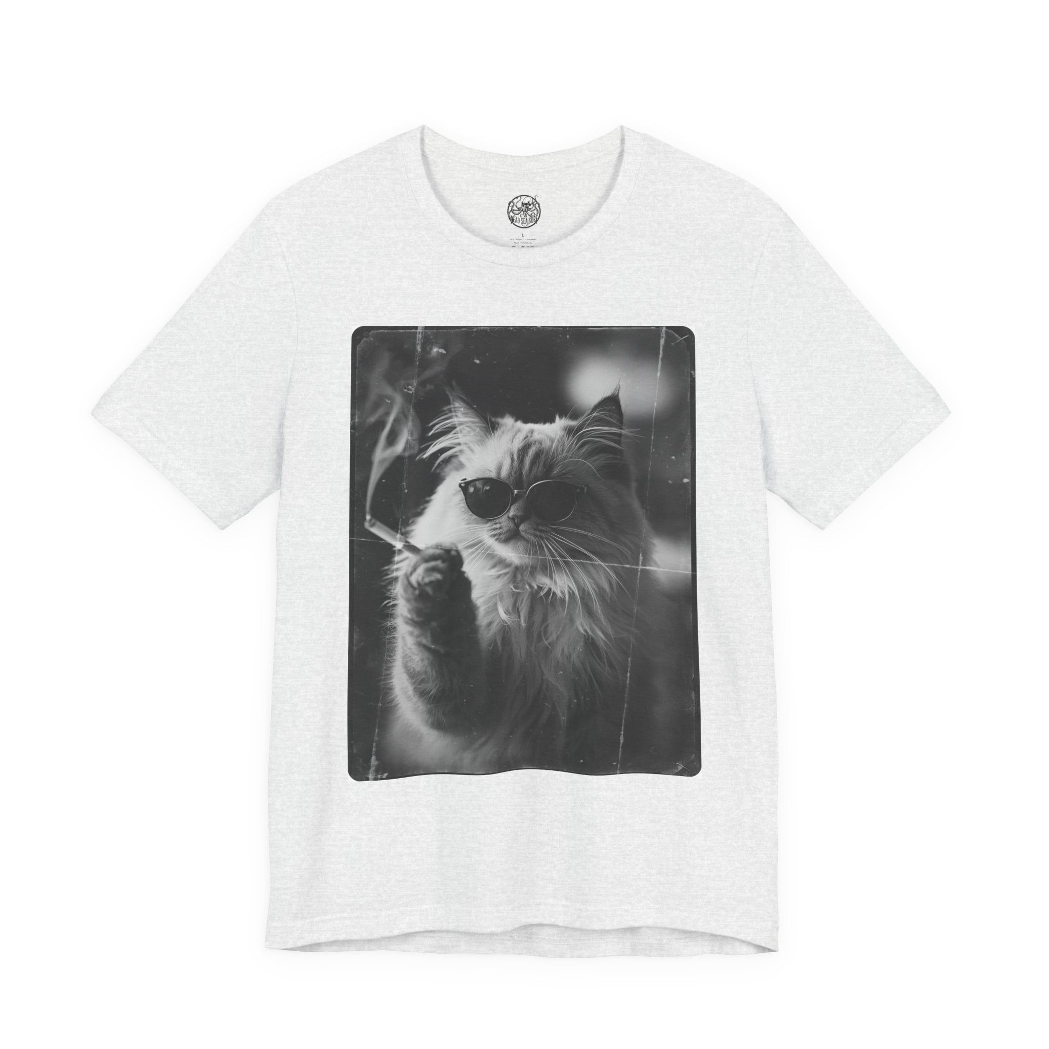 Smoking Cool Cat Portrait T-Shirt | Black & White Photo Cat Tee