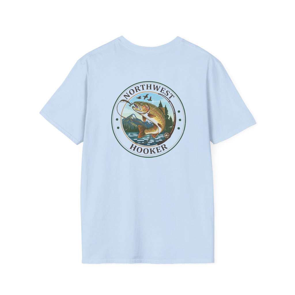 Northwest Hooker Trout Logo T-Shirt | Fishing Badge, Mountain River Design