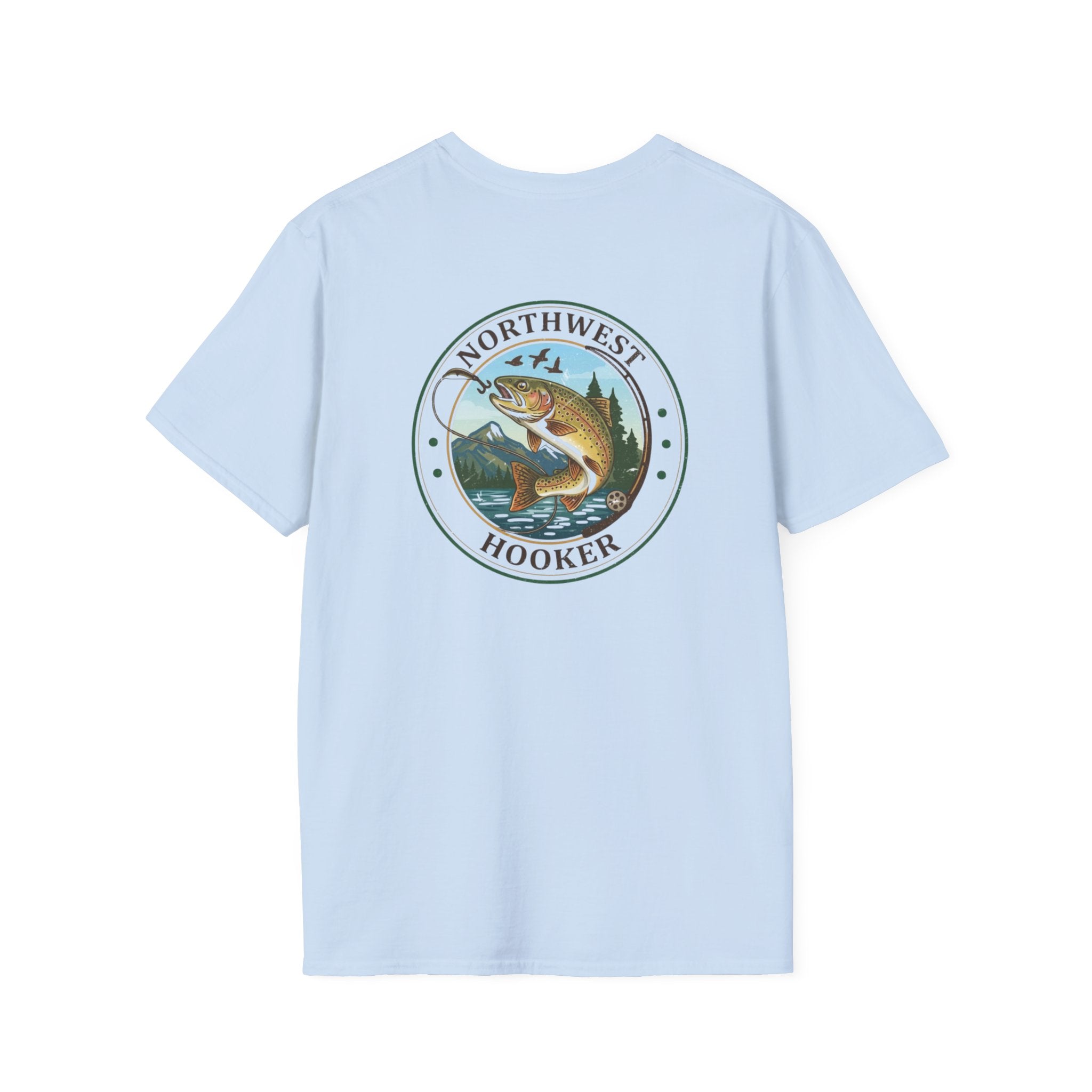 Northwest Hooker Trout Logo T-Shirt | Fishing Badge, Mountain River Design