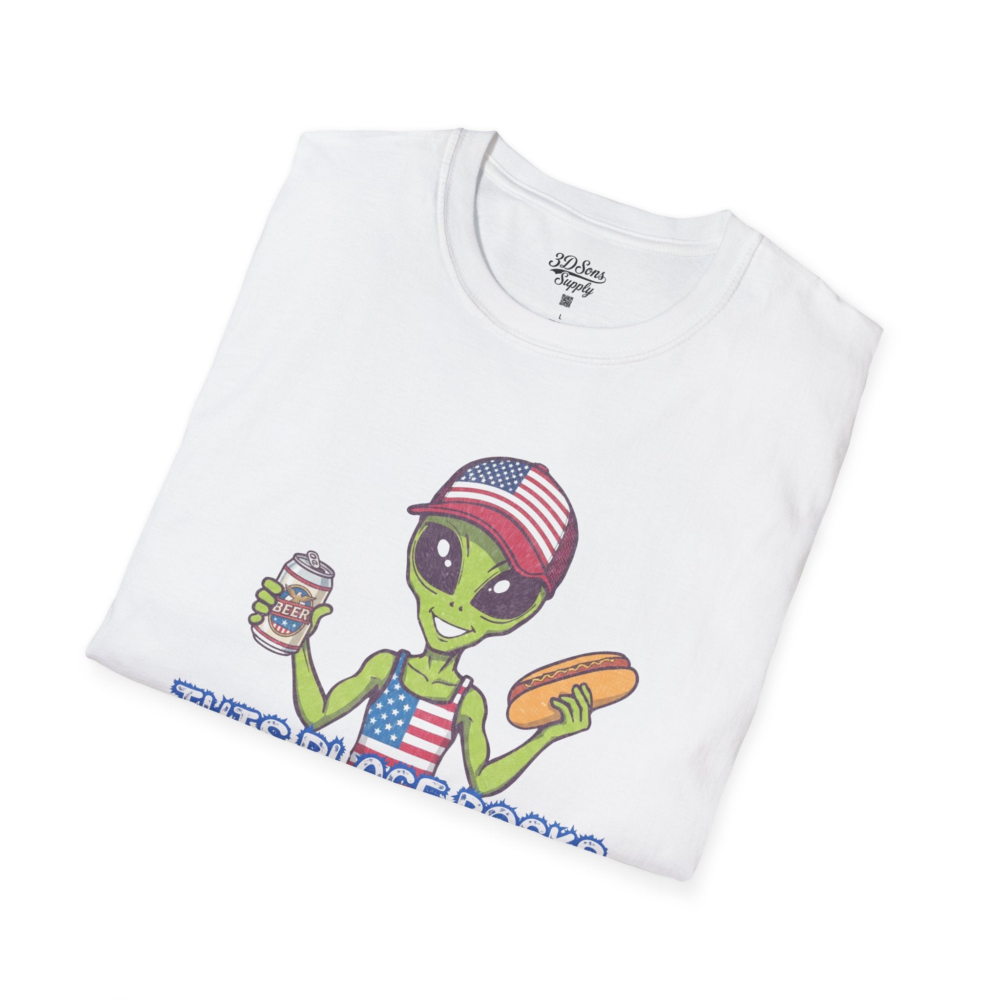 American Alien with Hot Dog and Beer T-Shirt | USA Flag Cap Fourth of July