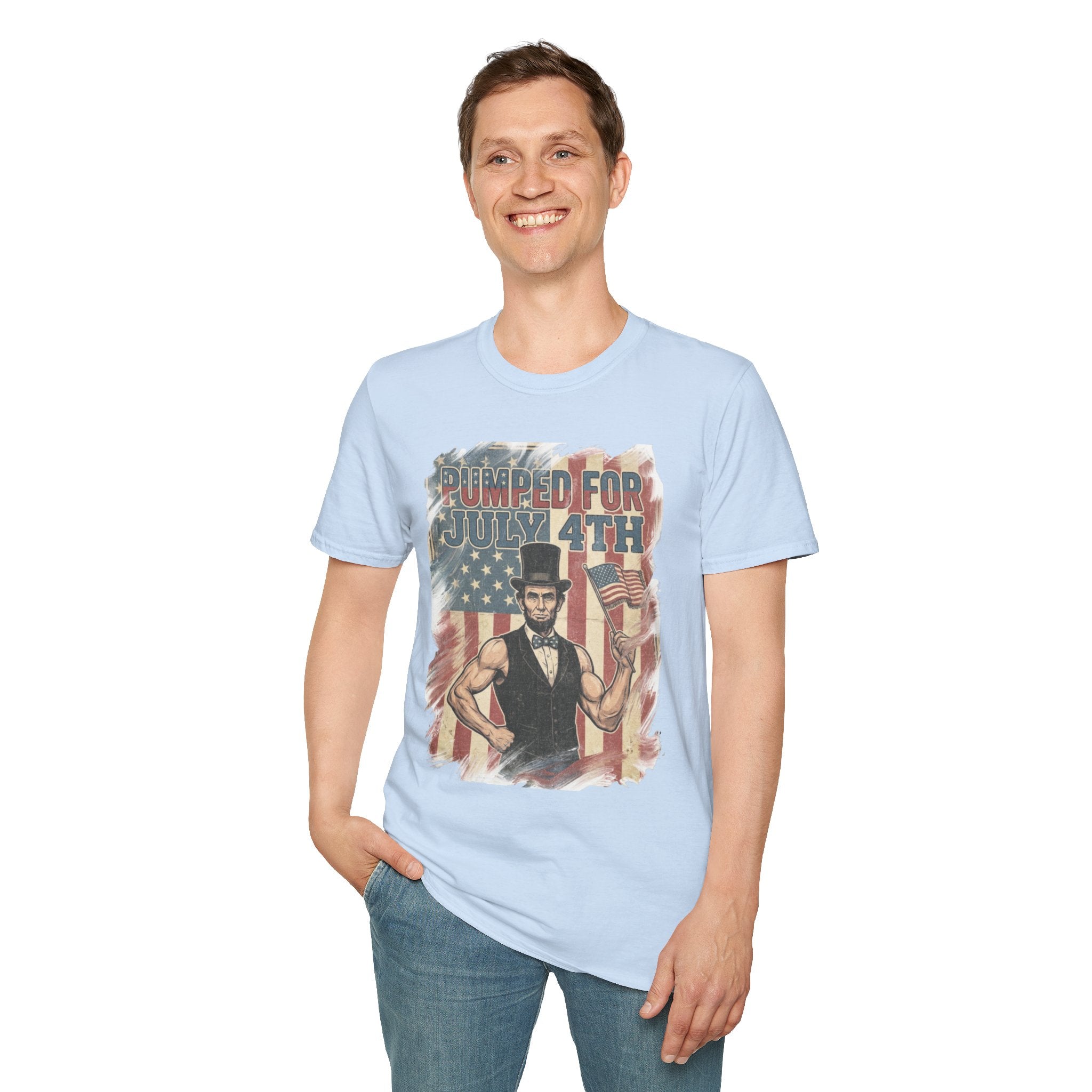 Pumped for July 4th T-Shirt | Patriotic Buff Abraham Lincoln Flag Design