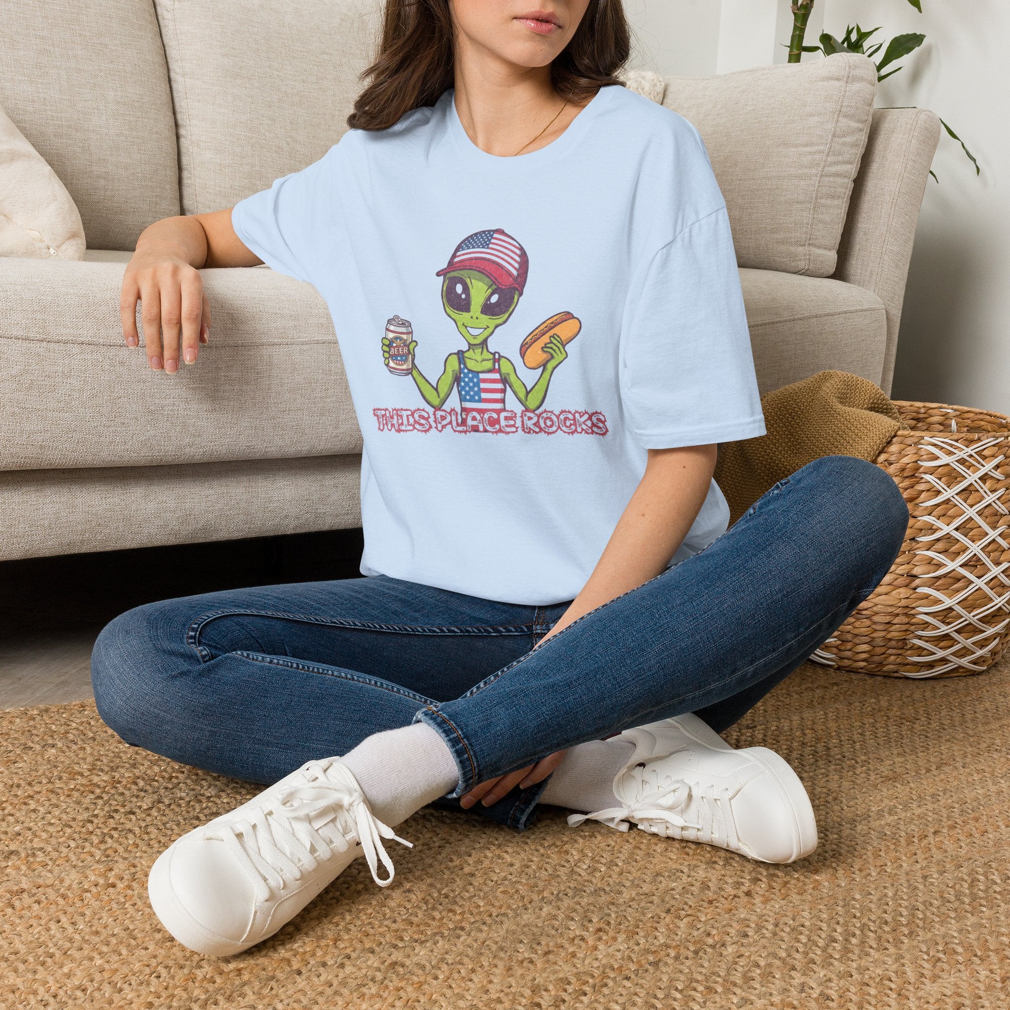American Alien with Hot Dog and Beer T-Shirt | USA Flag Cap Fourth of July
