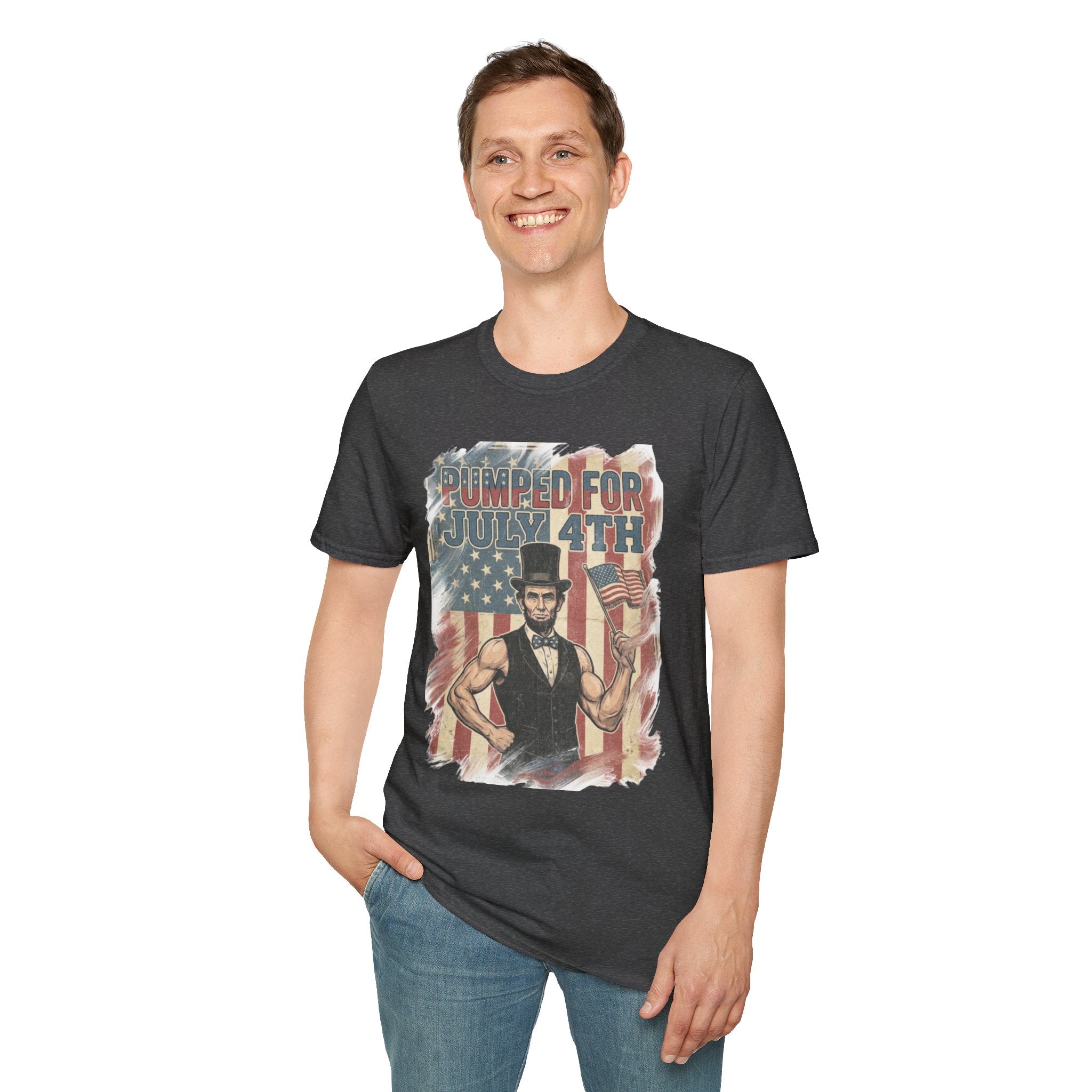 Pumped for July 4th T-Shirt | Patriotic Buff Abraham Lincoln Flag Design