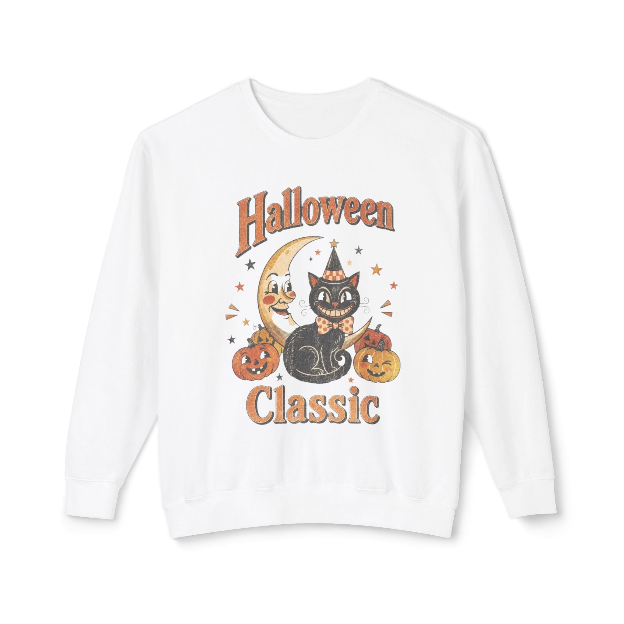 Vintage Halloween Cat Crewneck Sweatshirt | Retro Moon, Pumpkins, Witch Hat