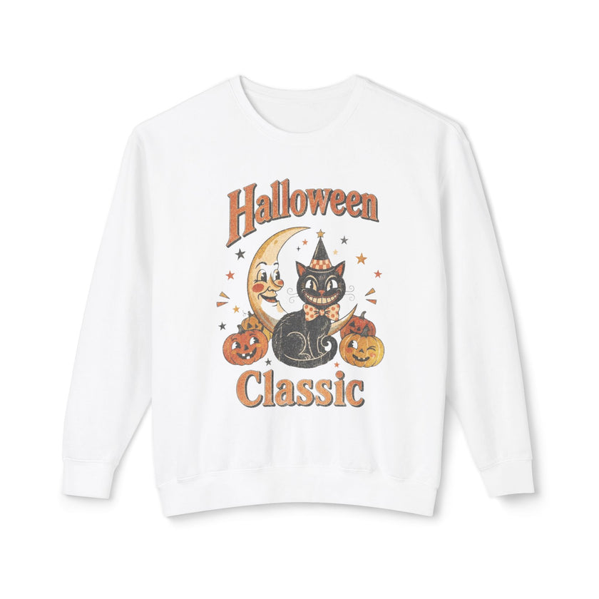 Vintage Halloween Cat Crewneck Sweatshirt | Retro Moon, Pumpkins, Witch Hat