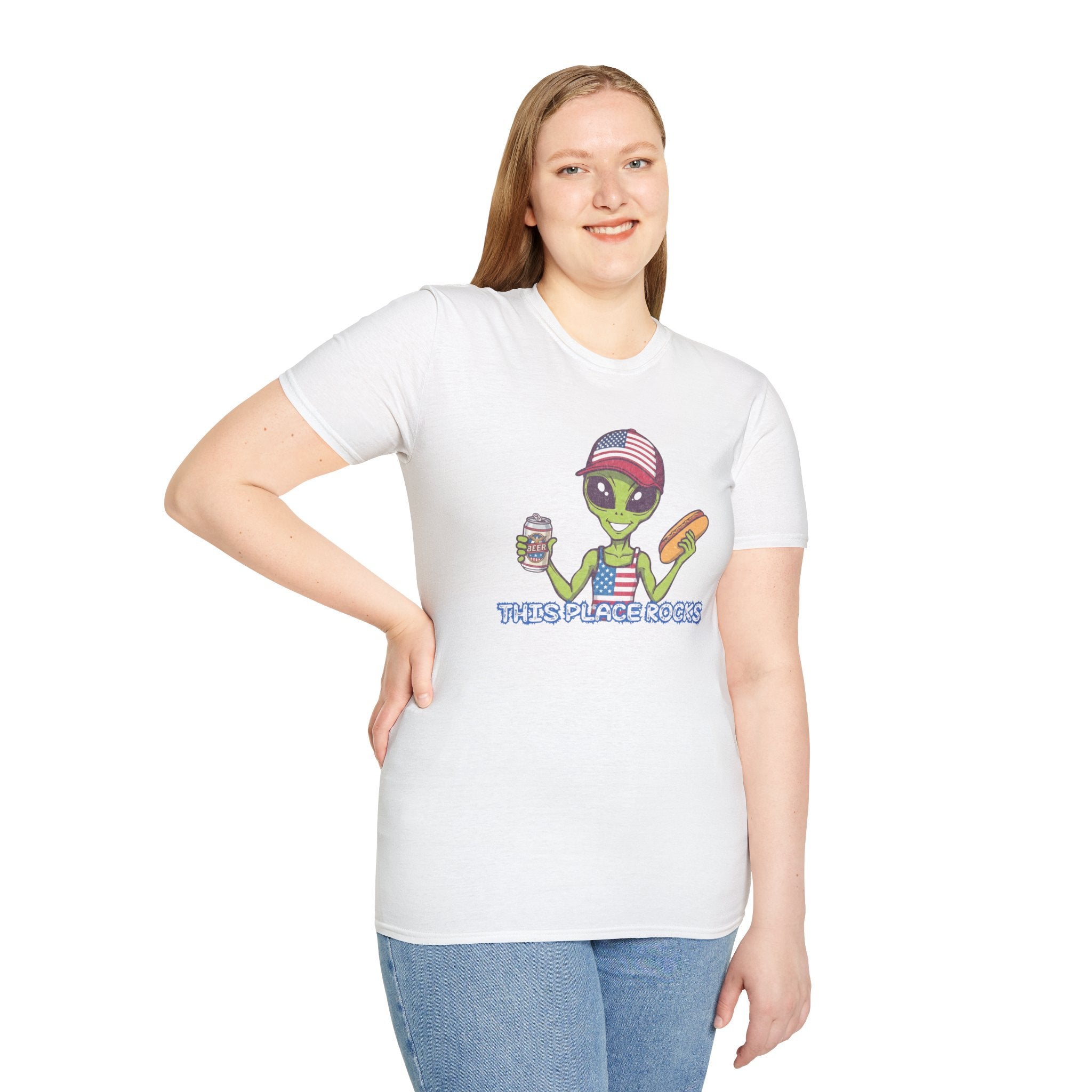 American Alien with Hot Dog and Beer T-Shirt | USA Flag Cap Fourth of July