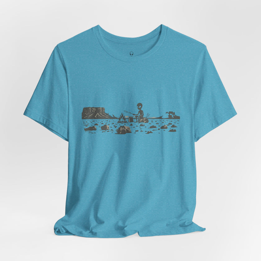 Alien Spaceship Campfire Illustration, Minimalist Landscape