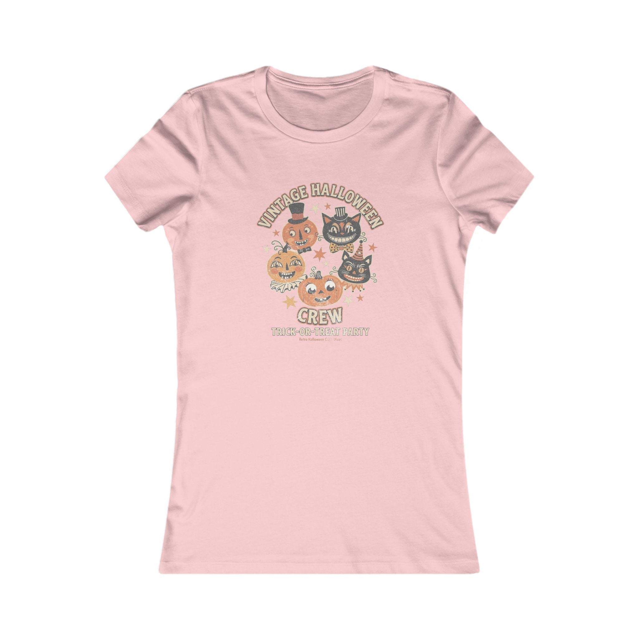 Women's Vintage Halloween Tee - 'Vintage Halloween Crew' Cute Pumpkin & Cat Graphic