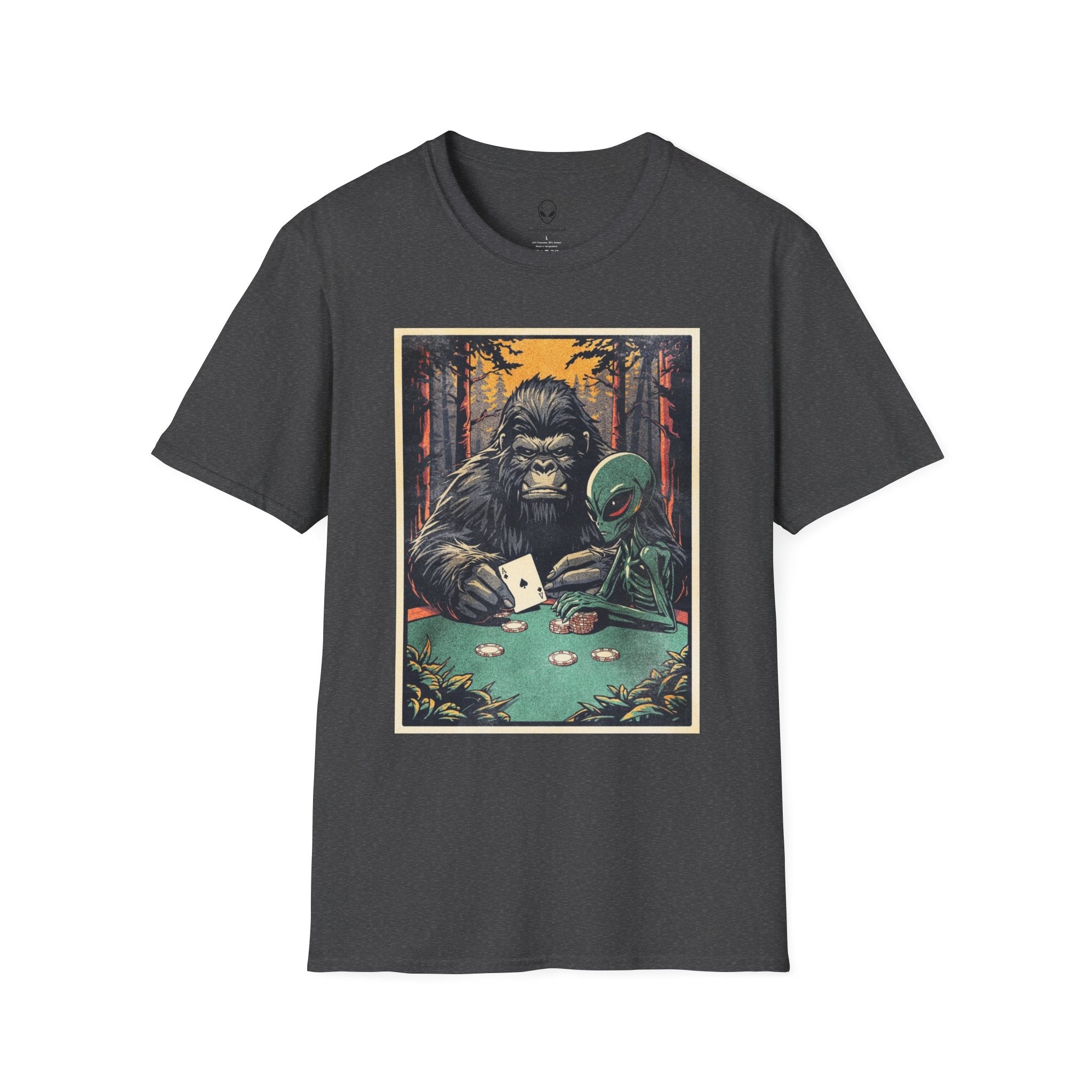 Bigfoot & Alien Playing Poker T-Shirt — Funny Cryptid Woods Tee