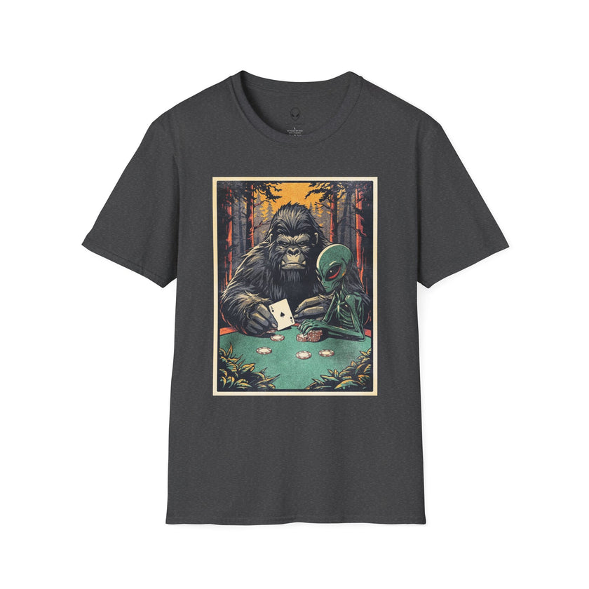 Bigfoot & Alien Playing Poker T-Shirt — Funny Cryptid Woods Tee