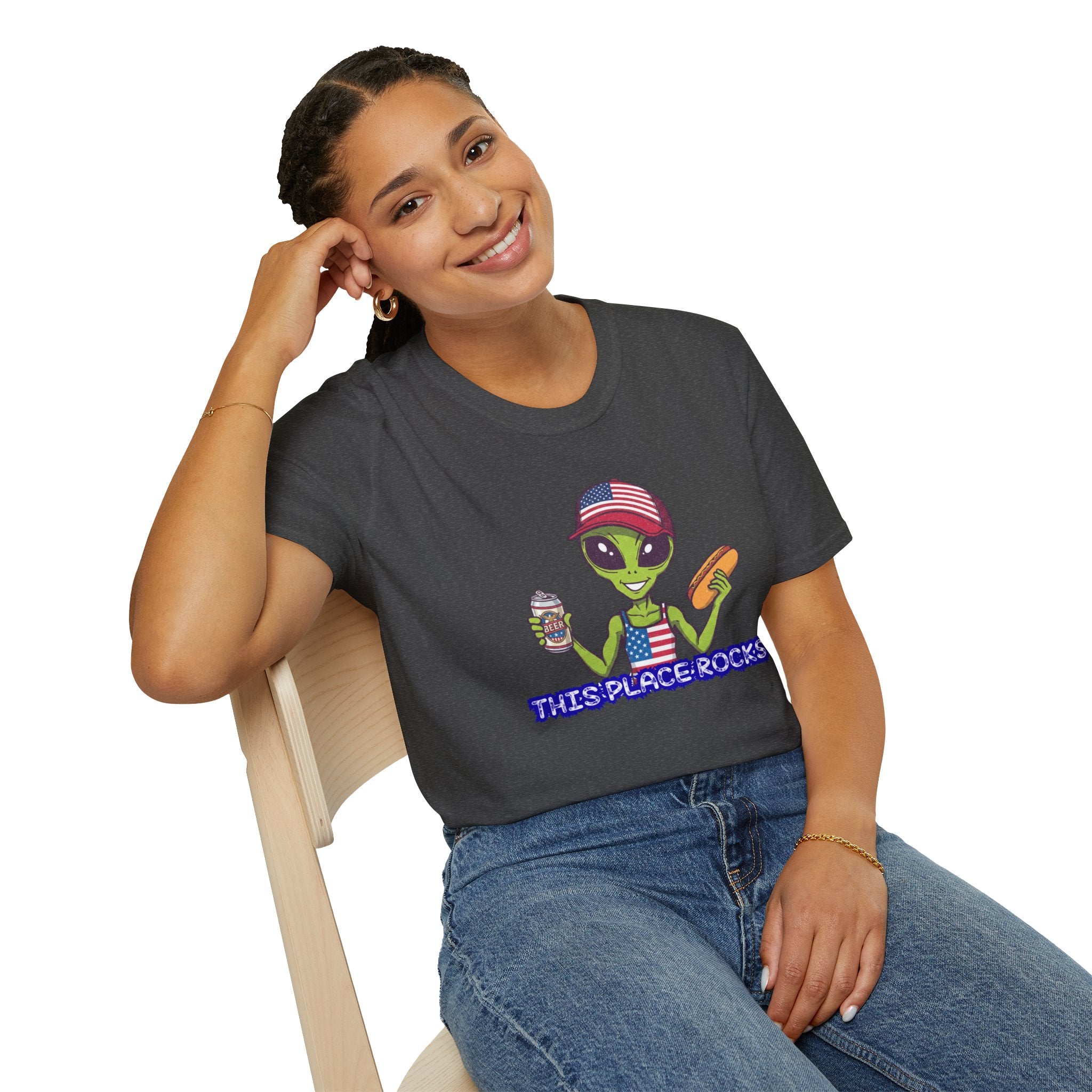 American Alien with Hot Dog and Beer T-Shirt | USA Flag Cap Fourth of July